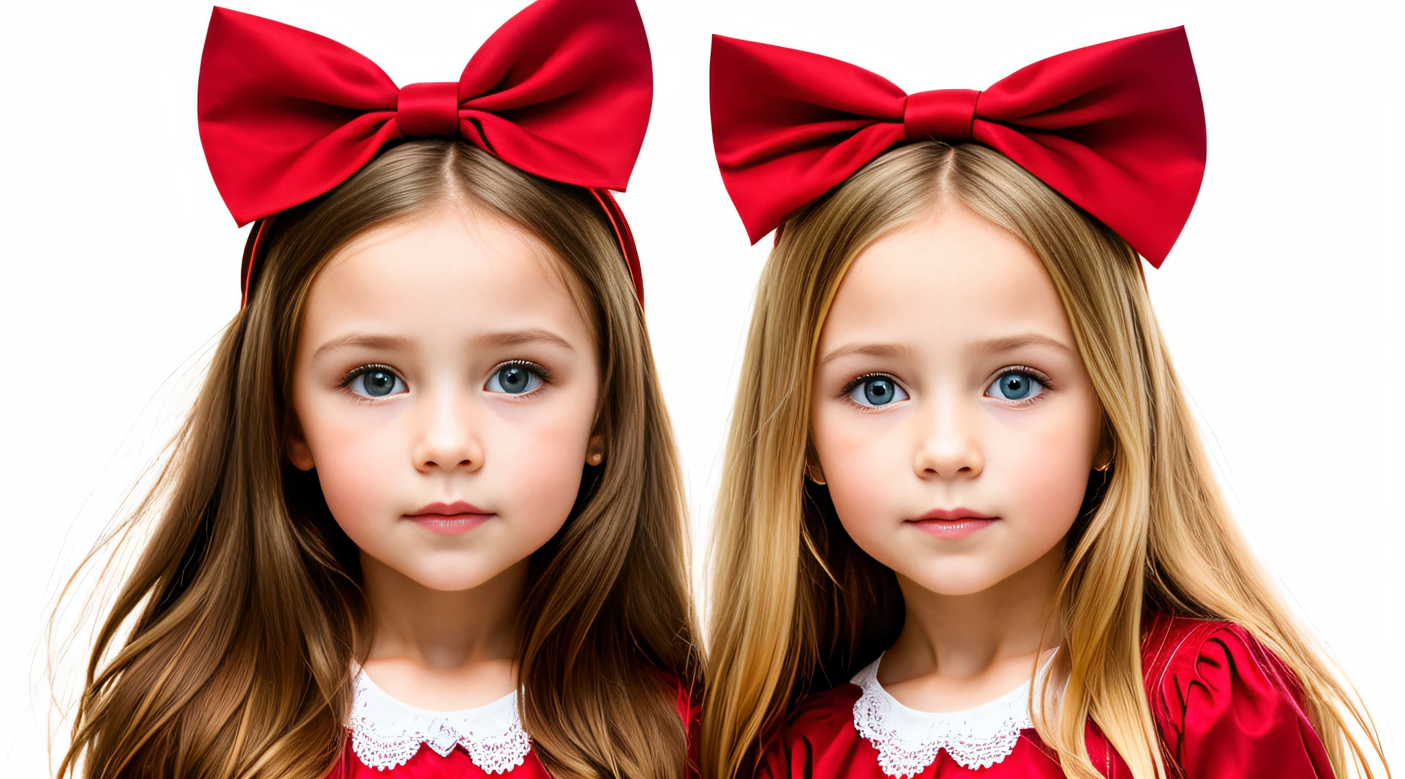 Russian style, girl children, photo studio white infinite background, close-up, bust, portrait, long blonde hair and giant red bow on head