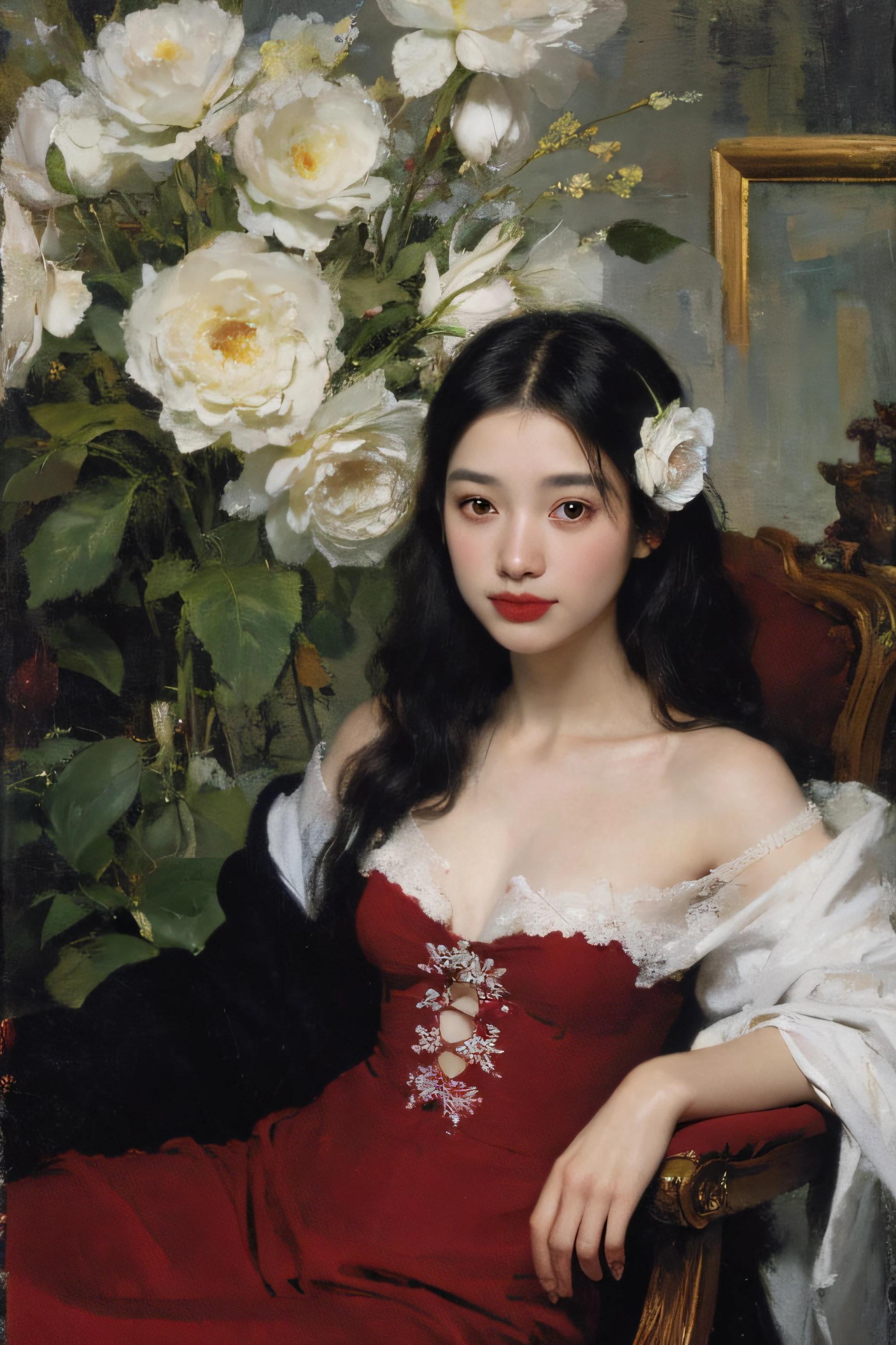 (Oil painting: 1.5),
\\
A woman with long black hair and white flowers in her hair sitting under a red peony flower, rose red dress (Amy Saul: 0.248), (Stanley Arteg Liu: 0.106), (a detailed painting: 0.353), (Gothic art: 0.106)