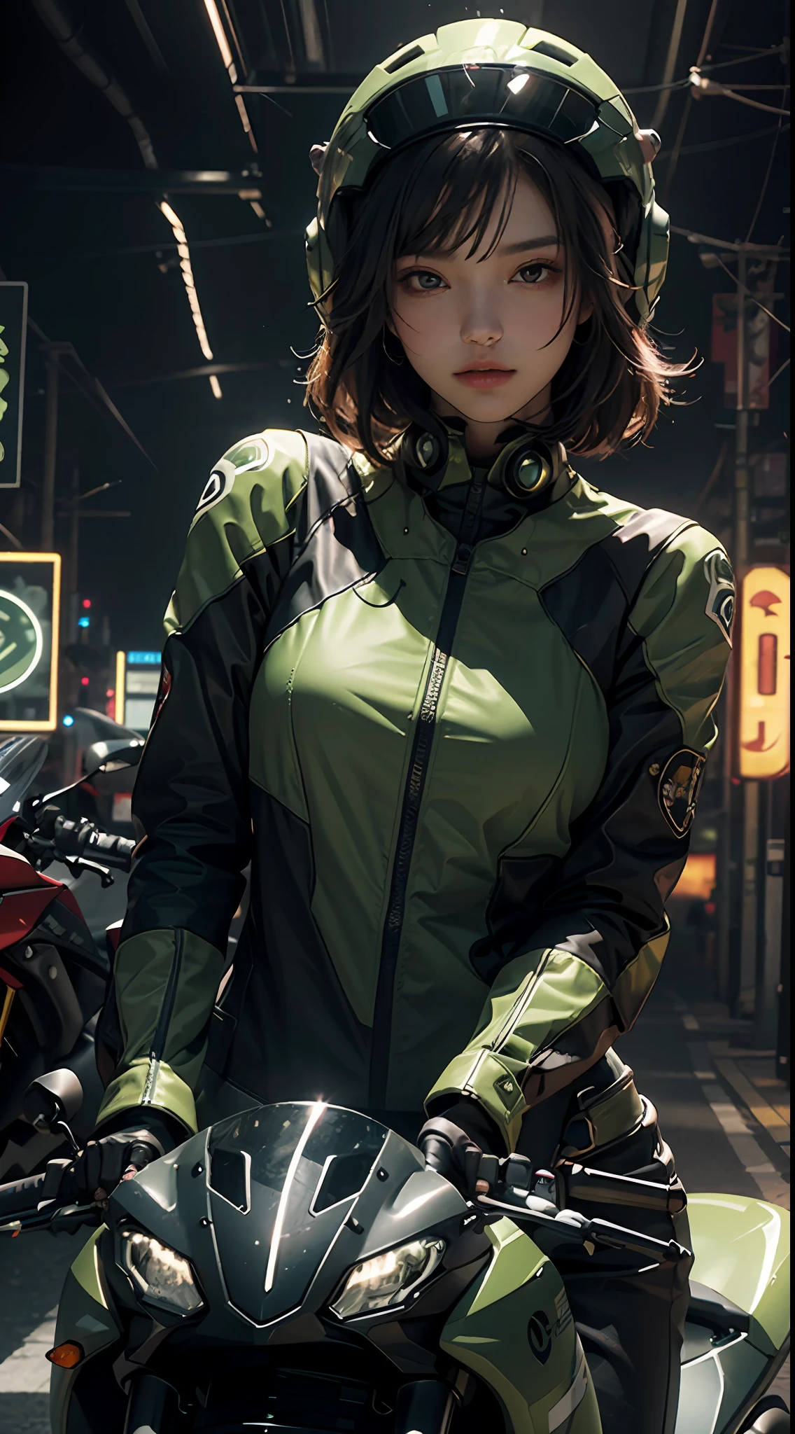 Highest image quality, outstanding details, ultra-high resolution, (realism: 1.4), the best illustration, favor details, highly condensed 1girl, with a delicate and beautiful face, dressed in a black and green mecha, wearing a mecha helmet, holding a directional controller, riding on a motorcycle, the background is a high-tech lighting scene of the future city.