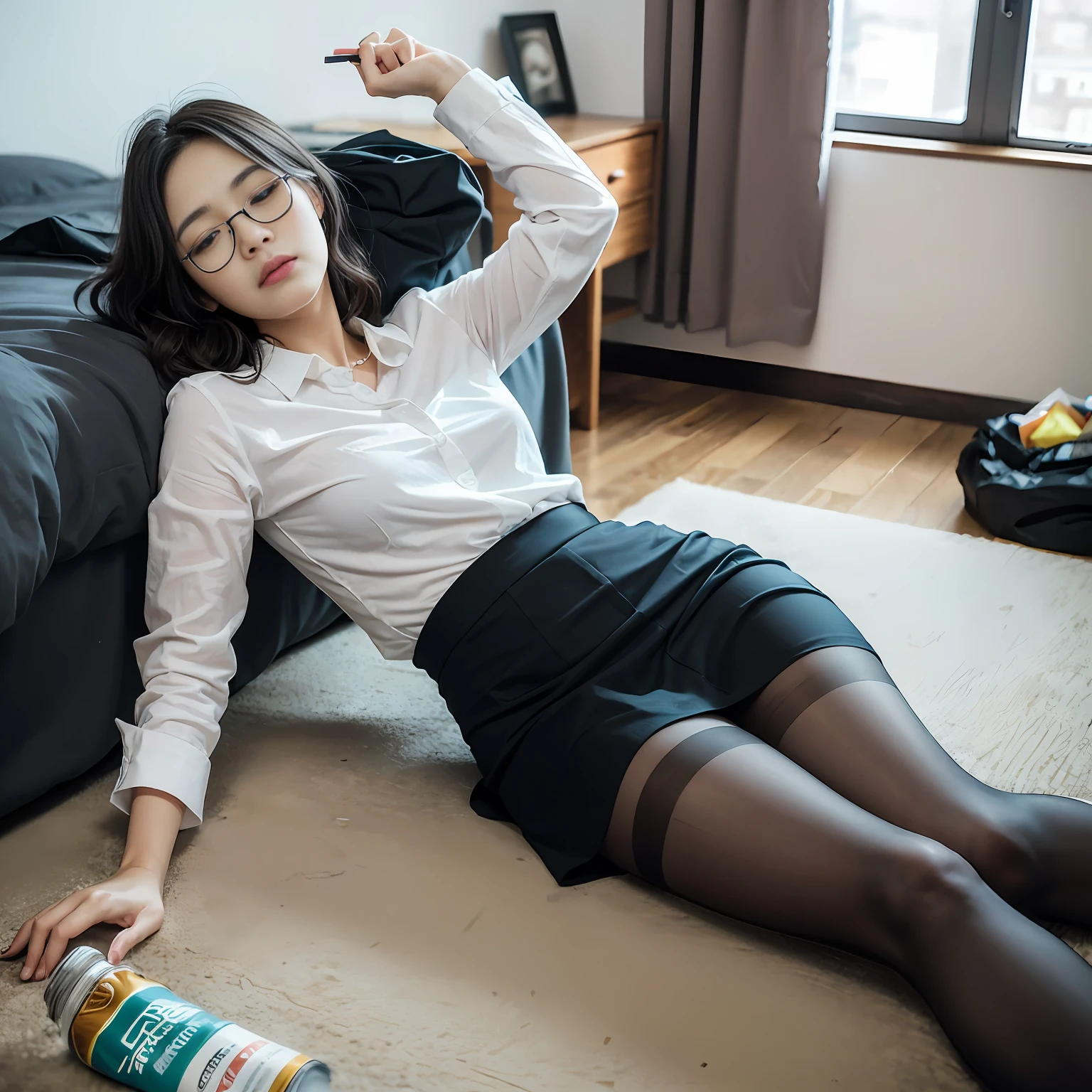 (8k, RAW photos, best quality, masterpiece, : 1.2), (realistic, photorealistic: 1.37), (1 girl, solo: 1.3), office lady 24 years old Japan girl, office lady, black hair, (disheveled hair, unkempt hair: 1.3), labor, hard work, social work, overwork, exhaustion, bed, from above, (lying on the bed, sleeping on the bed, Legs spread, sleeping, eyes closed, mouth open: 1.5), sad expression of despair, bedroom, (dark room, night, indirect lighting: 1.3), small bust, wearing glasses, (office lady, shirt, skirt, pantyhose: 1.4), (disheveled clothing: 1.4), sloppy posture, (littered with garbage, garbage bags, messy room, messy clothes, Empty cans lying on the floor, bottles of liquor lying on the floor, half-eaten sweets on the floor: 1.3), spilled potato chips, energy drinks, ultra-high resolution, physically based rendering, cinematic lighting, dynamic angles