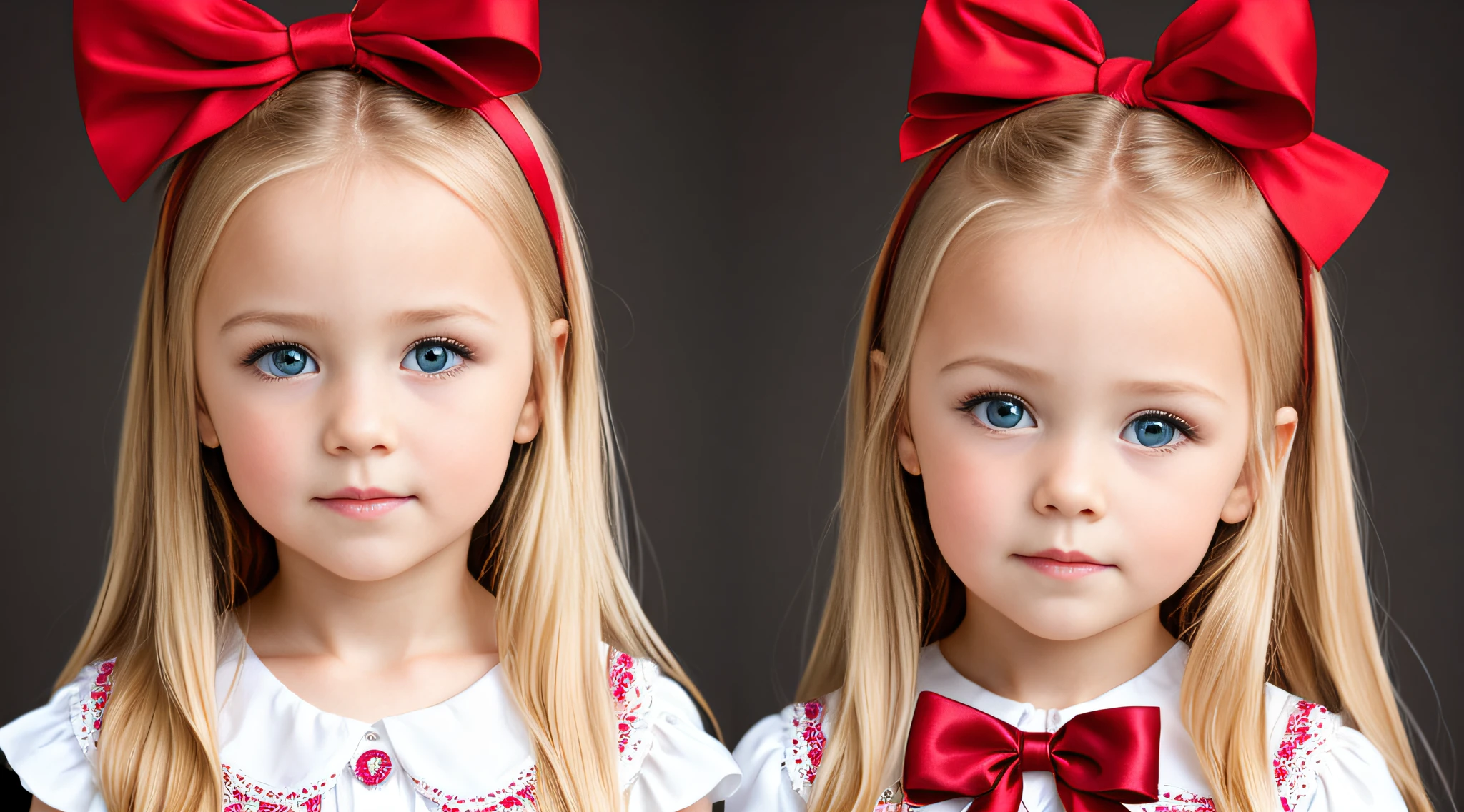 Russian style, girl children, photo studio white infinite background, close-up, bust, portrait, long blonde hair and giant red bow on head