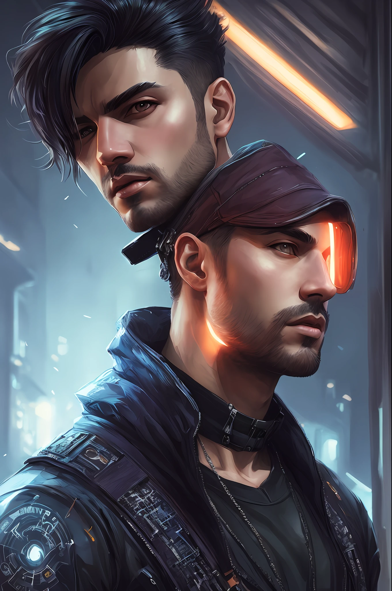photo portrait Male assassin, wearing cyberpunk intricate streetwear, beautiful, detailed portrait, cell shaded, 8k, concept art, by wlop, greg rutkowski, pixiv. cinematic dramatic atmosphere, sharp focus, volumetric lighting, cinematic lighting, studio quality