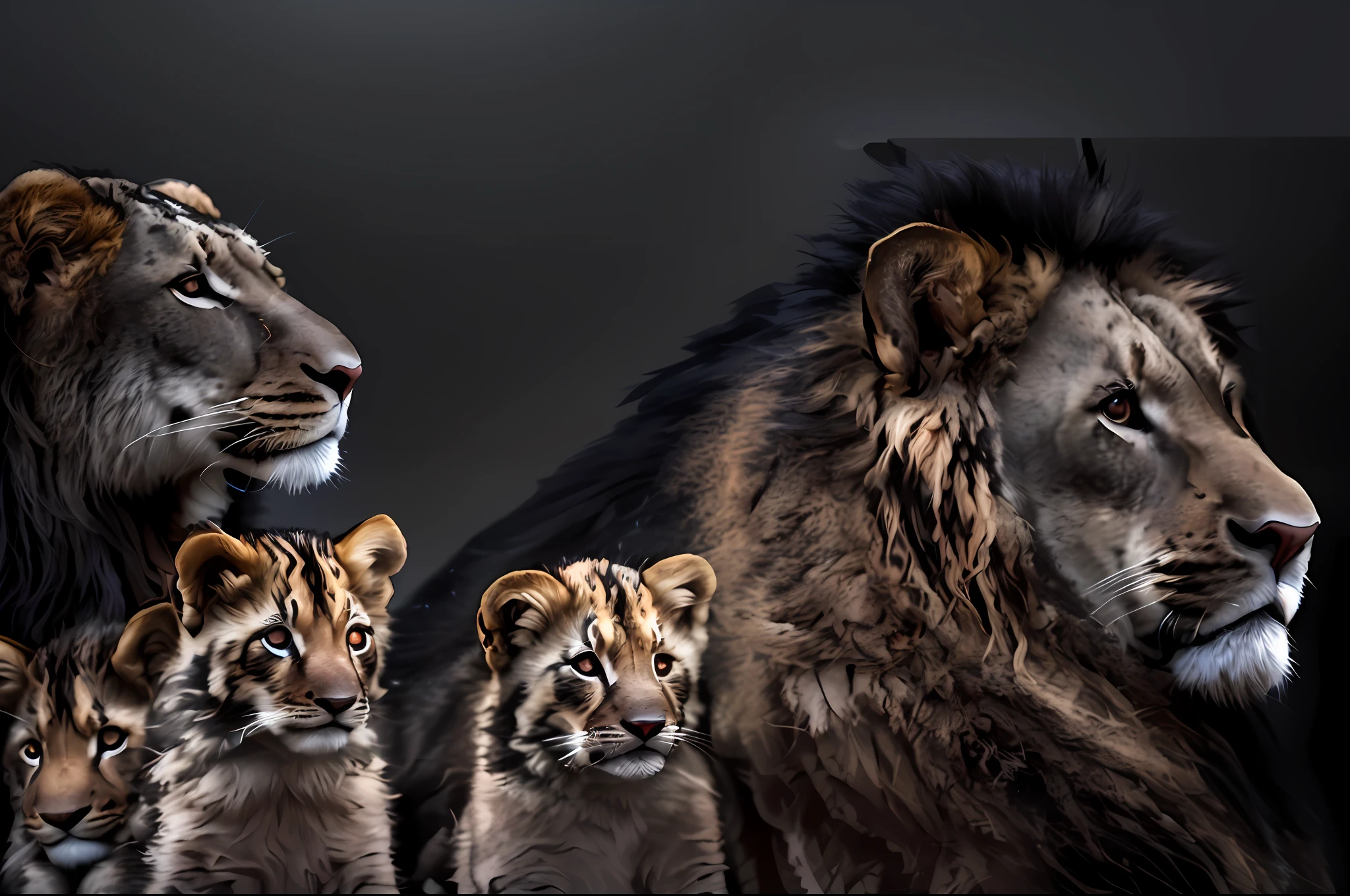 there are a lot of lions that are standing together, lions, proud look, proud look, family photo, family portrait, king of the jungle, trend photo, trend, lion, wildlife animals, majesty, a lioness in the background, (((black background)), lion, looking forward, animals ruling the world, looking straight, cub, lioness, contemplating