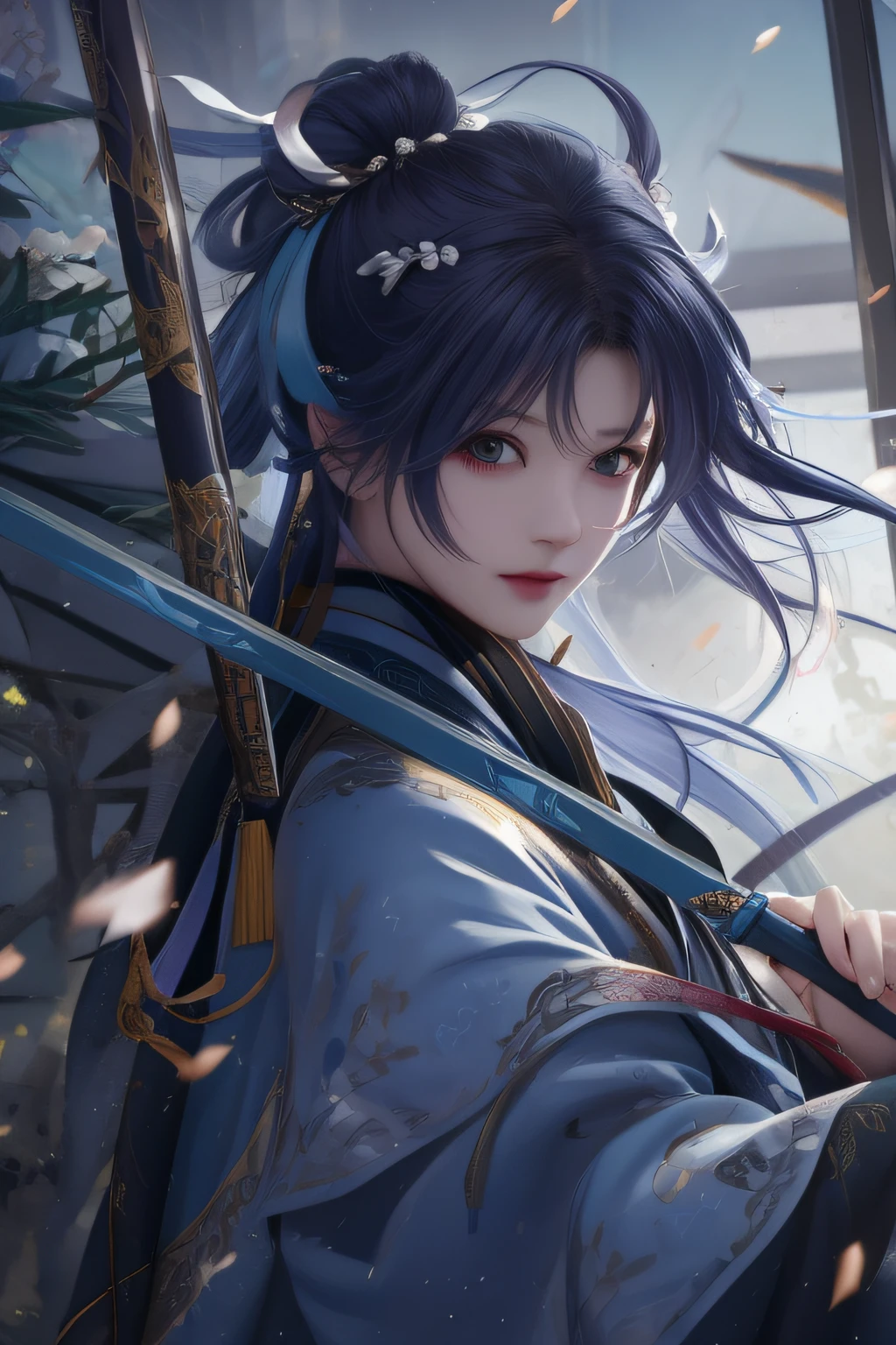 Blue-purple style, scabbard on back, messy hair, long-haired warrior, cyberpunk artwork, male focus, handsome, heroic, sassy, beautiful men, blue and white kimono, long swordsman, high quality details, blurred background, soft light, medium side shooting, floral pattern, ornaments, broken flowers, flying flowers, dense fog, light and shadow, exquisite anime style 4K wallpaper