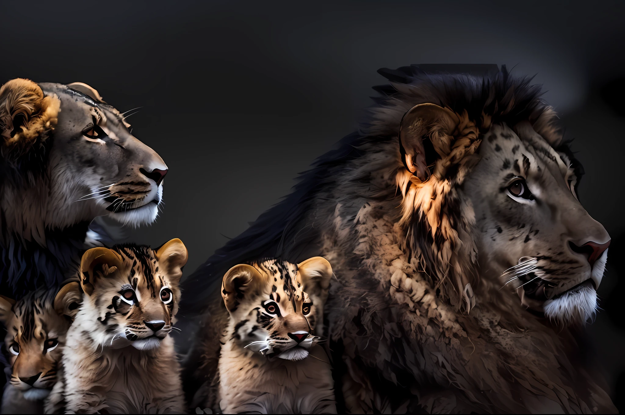 there are a lot of lions that are standing together, lions, proud look, proud look, family photo, family portrait, king of the jungle, trend photo, trend, lion, wildlife animals, majesty, a lioness in the background, (((black background)), lion, looking forward, animals ruling the world, looking straight, cub, lioness, contemplating