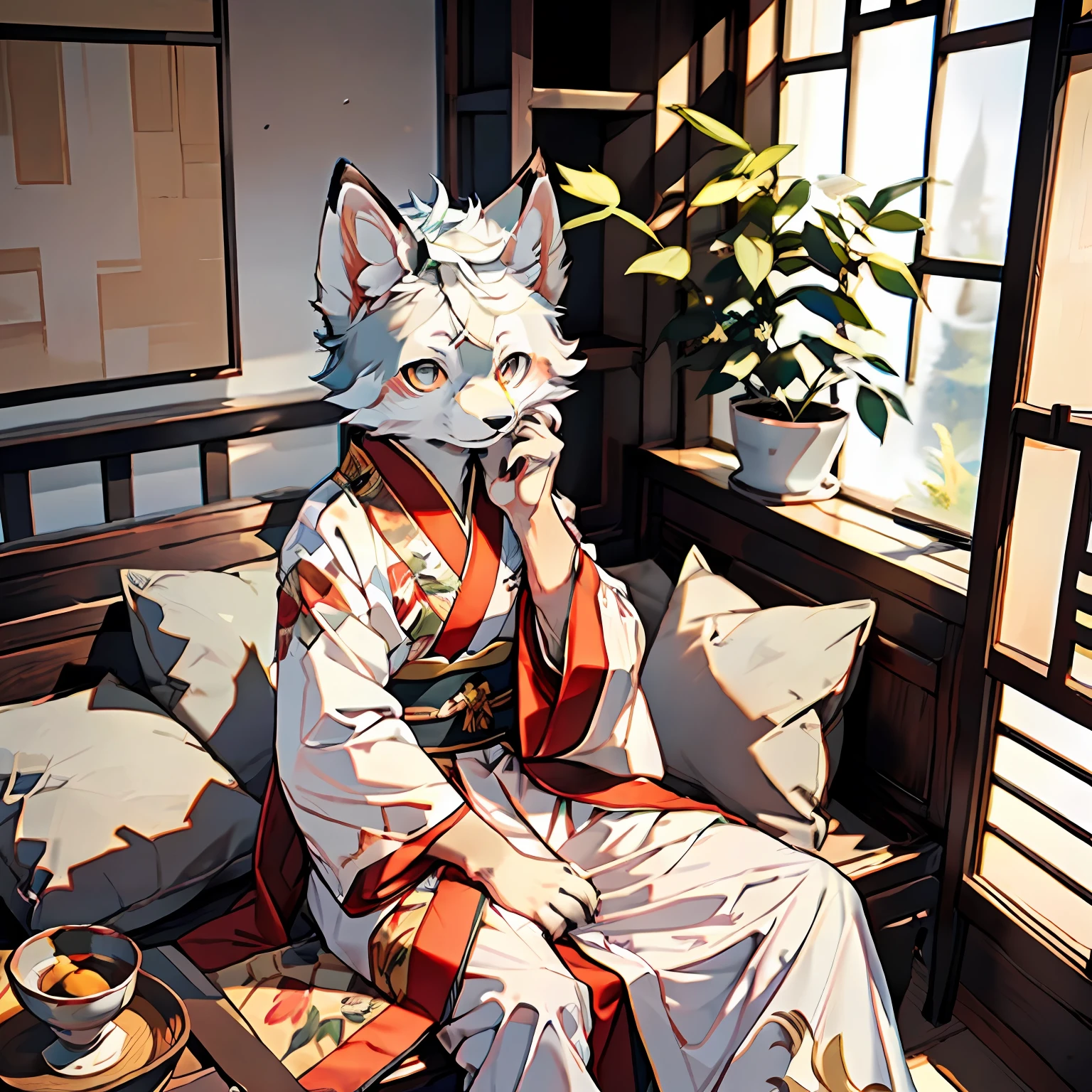 Masterpiece, high detail, super high quality, high resolution, 1080P, ((single)), furry, (male arctic fox: 1.5), (gray fur: 1.5), (gray skin: 1.5), gray ears, (golden eyes 1.5), gray canine paws, detailed figures, (furry feeling of animal ears), sharp, sitting cross-legged on a cushion, wearing traditional Chinese robes, in a traditional Chinese room, natural lighting