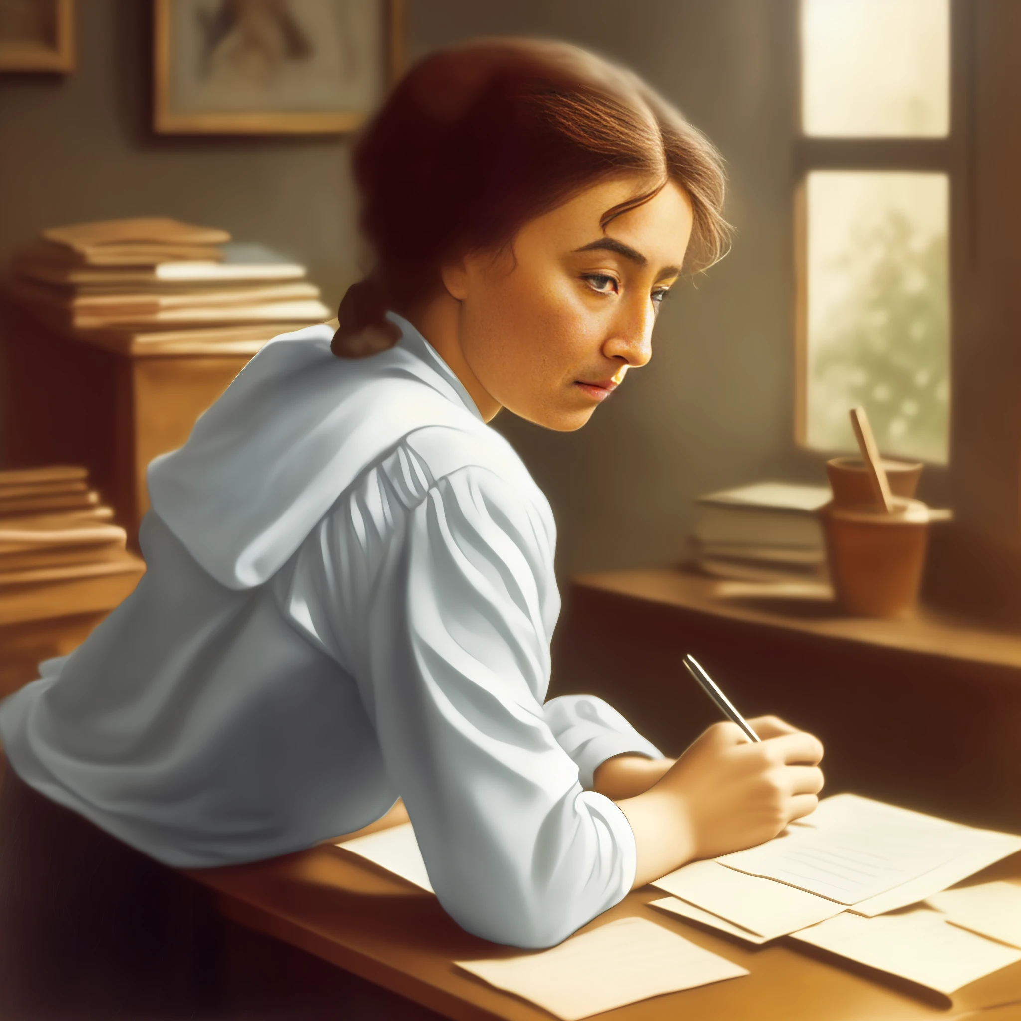 very young Rosa Luxemburg realist seen from behind writing letters