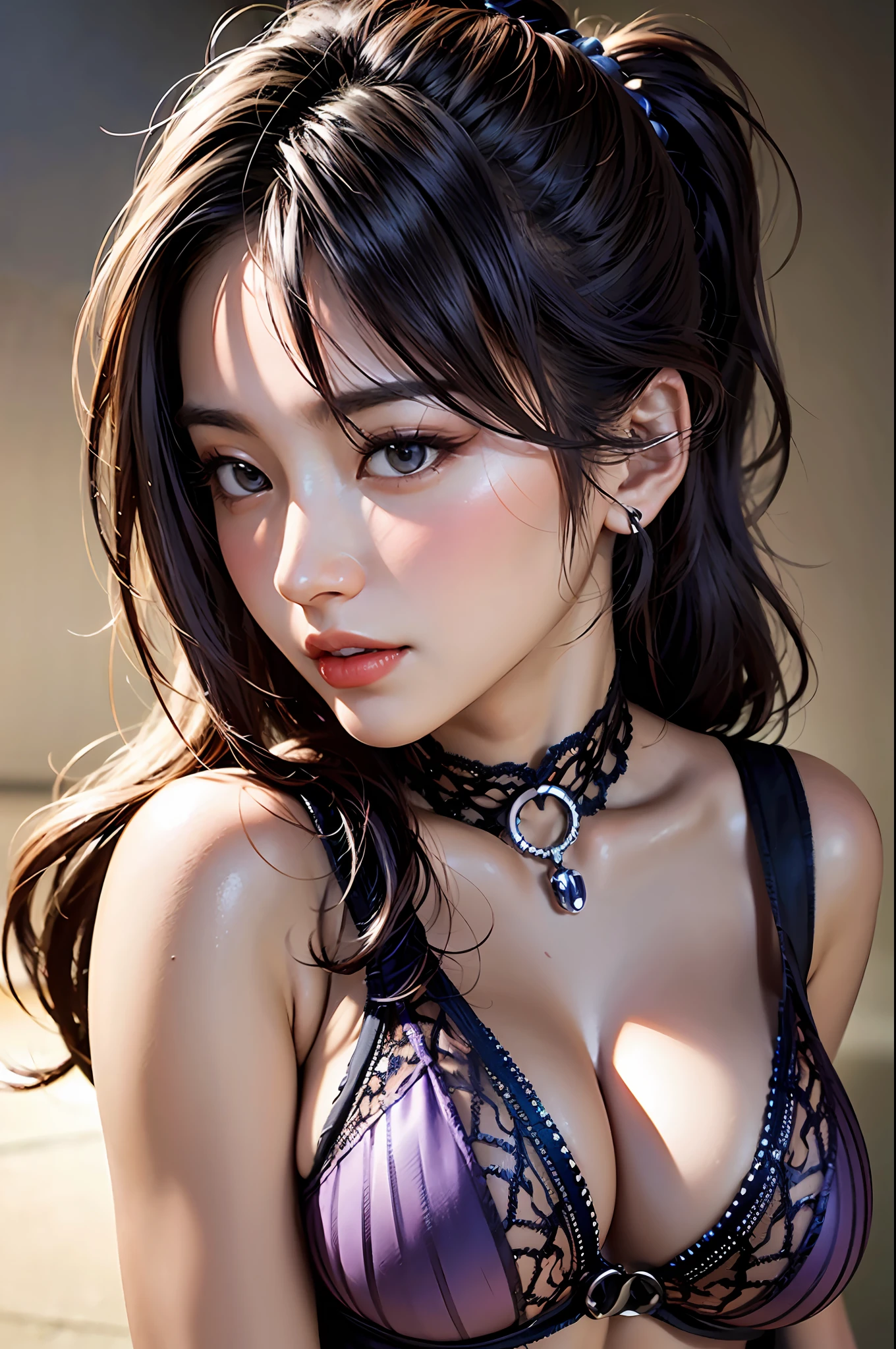 Alaf Asian woman in purple and black bikini posing for photo, street fighter Juli Han, Japan goddess Sakimichan, Juri Misaki, very beautiful cyberpunk samurai, shiny plastic bikini, inspired by Shiro Masamune, portrait Ninja Gaiden girl, close-up shot, full body close-up, RAW,(8k, best quality, masterpiece: 1.2),(intricate details:1.4),(Photorealistic:1.4),Octane Rendering, Complex 3D Rendering Ultra Detail, Studio Soft Light, Rim Light, Vivid Detail, Super Detail, Realistic Skin Texture, Detail Face, Beautiful Detail Eyes, Very Detail CG Unity 16k Wallpaper, Makeup, (Detail Background:1.2),