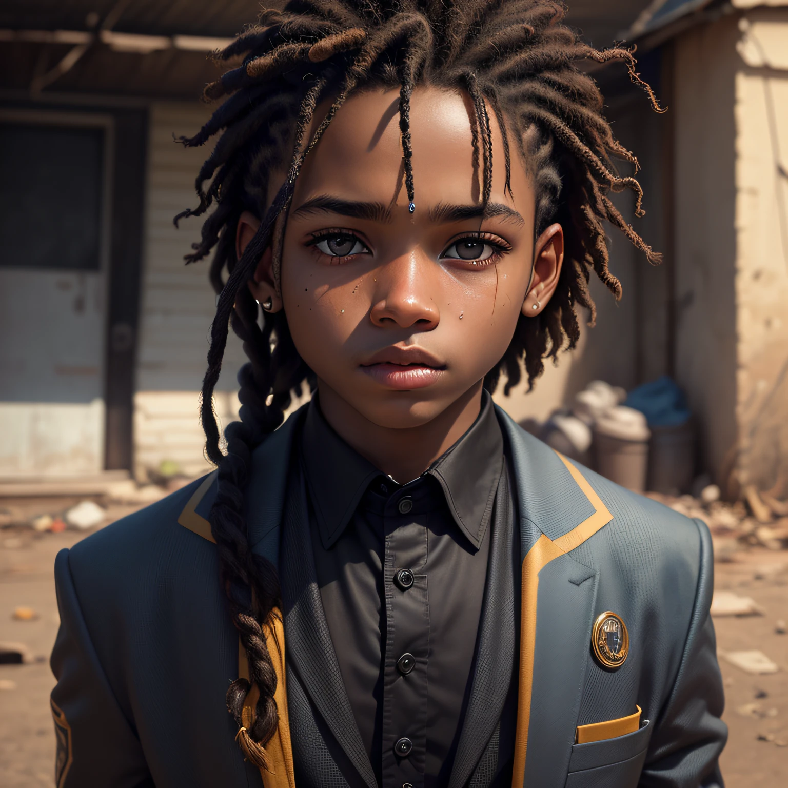 (masterpiece, photorealistic, raw,:1.4), (extremely complex:1.2), close-up, cinematic light, side lighting, ultra high resolution, best shadow, RAW, upper body, black boy , hair with dread, image background a futuristic slum, wearing suit --auto