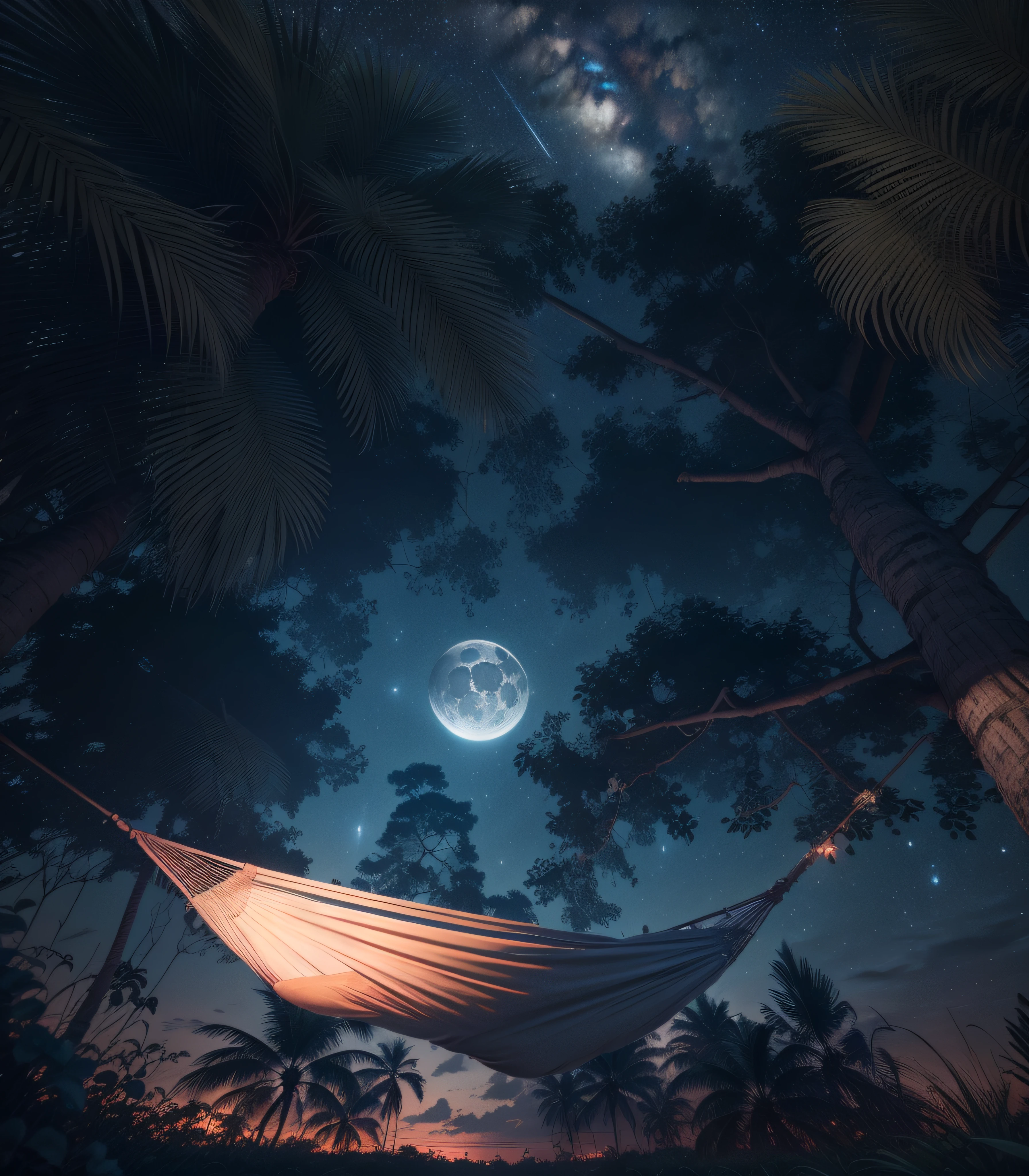 Masterpiece, best quality, palm trees, 3D, hammock, low angle. Beautiful night sky, summer vibes, bRASIL. Brazilianness, Forest, Moonlight, Stars