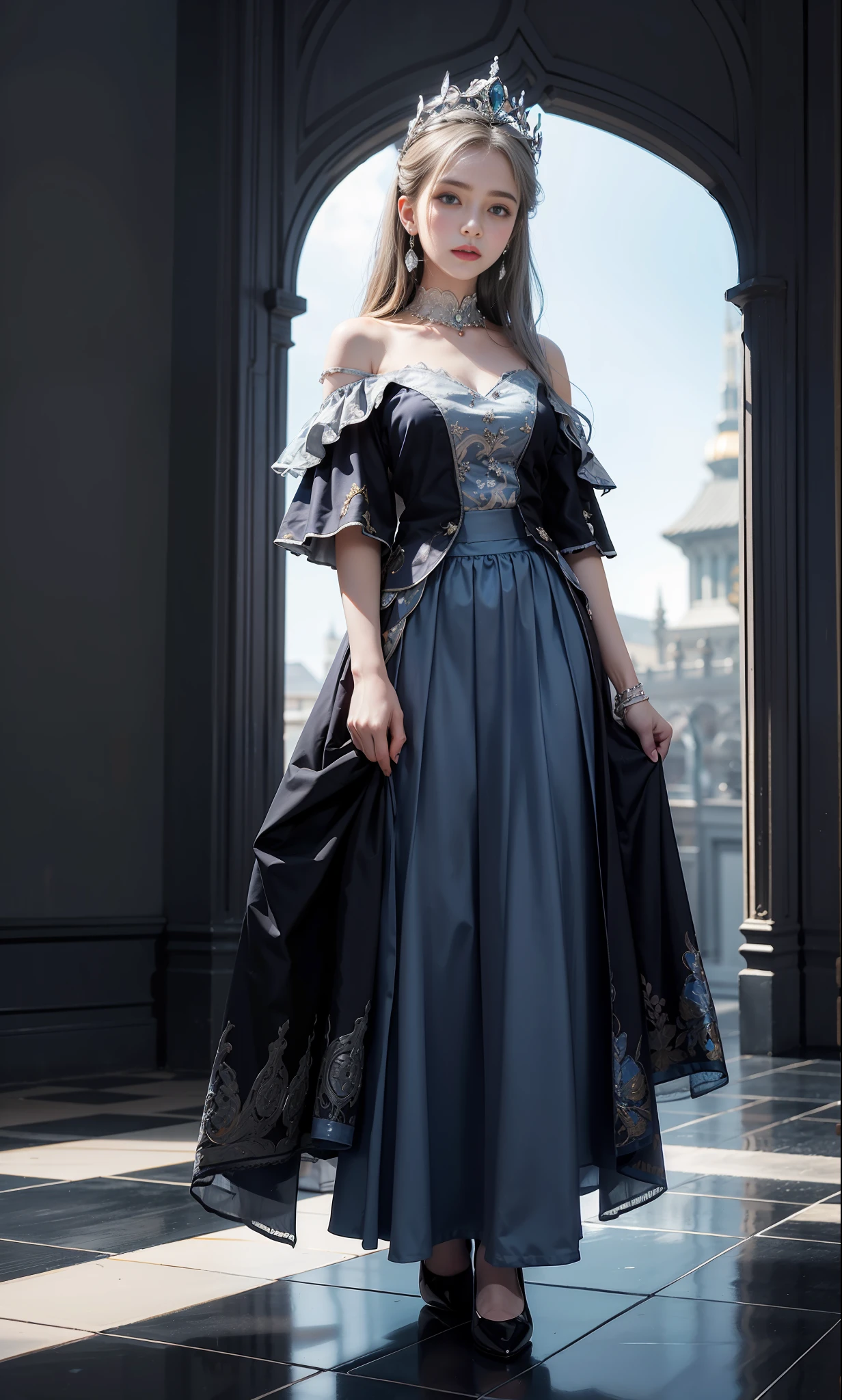 Black and white tiles, broken glass, floor reflection, blue starry sky, extra-long hair, silver hair, conservative clothing, loose long skirt, 15-year-old princess, huge skirt, jeweled crown, absurdity, dreamy, cute, bright blue eyes, fair skin, hazy beauty, confusion, dark, detail portrayal, light and shadow portrayal, earrings, character focus, character highlights, standing,