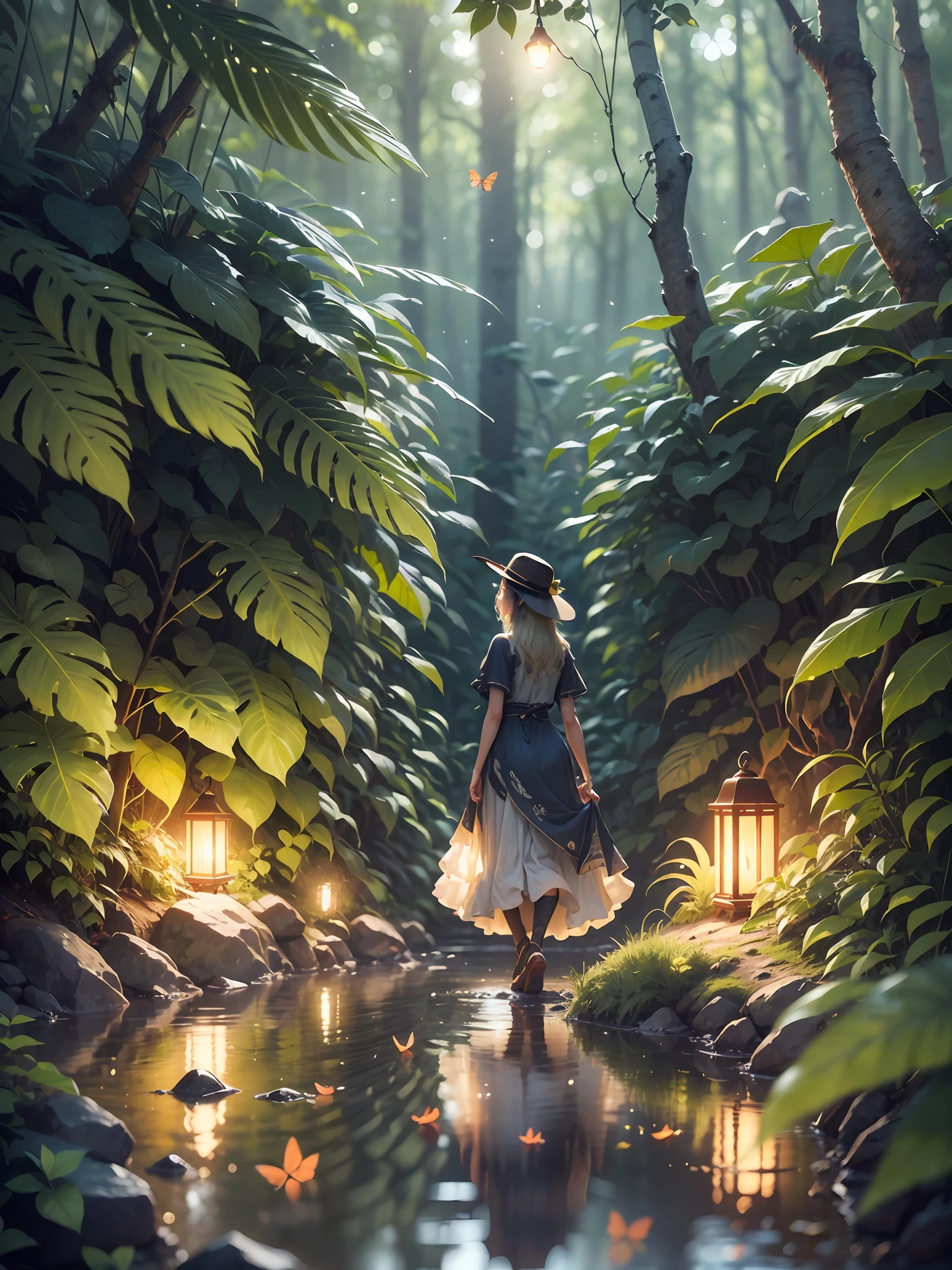 Masterpiece, best quality, extremely beautiful reflection, best reflection. (Very detailed CG unity 8k wallpaper), (best quality), (best illustration), (best shadow), girl, silk, slime, delicate makeup, forest theme with natural elements. Tall trees, quiet streams, glowing small mushrooms, surrounded by delicate leaves and branches, and fireflies and glowing particle effects, (natural elements), (jungle theme), (leaves), (branches), (fireflies), butterflies, (delicate leaves), (glow), (particle effects). , isometric 3D, Octane rendering, ray tracing, super detailed