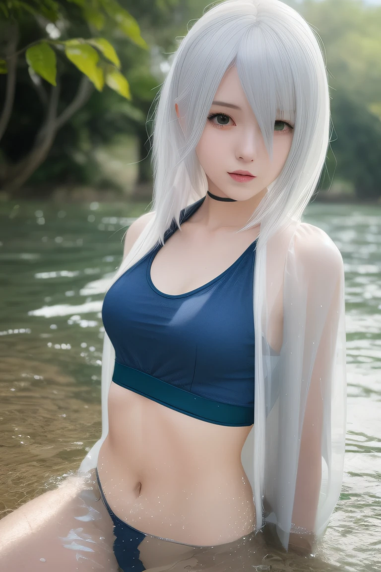 there is a woman in a bikini sitting in the water, anime girl cosplay, riven, tifa lockhart with white hair, perfect white haired girl, cosplay, 2 b, 2b, anime cosplay, shiny silver, cosplay photo, full-cosplay, shikamimi, silver haired, yoko taro, anime girl in real life, fubuki, nier inspired