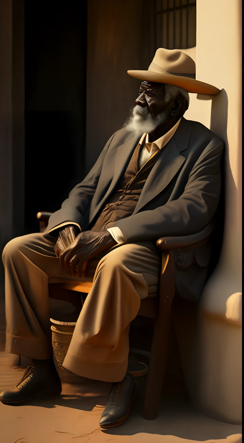 Octane rendering and hyper-realism., 1 black slave man aged 64, in the time of slavery, old, wrinkled, time mark on his face, sitting on an old bench, smoking a straw cigarette. Day of lots of sun and heat. Tired eyes, sweat dripping down his face, sad, staring at the camera. Full body photo, ultrarealistic,