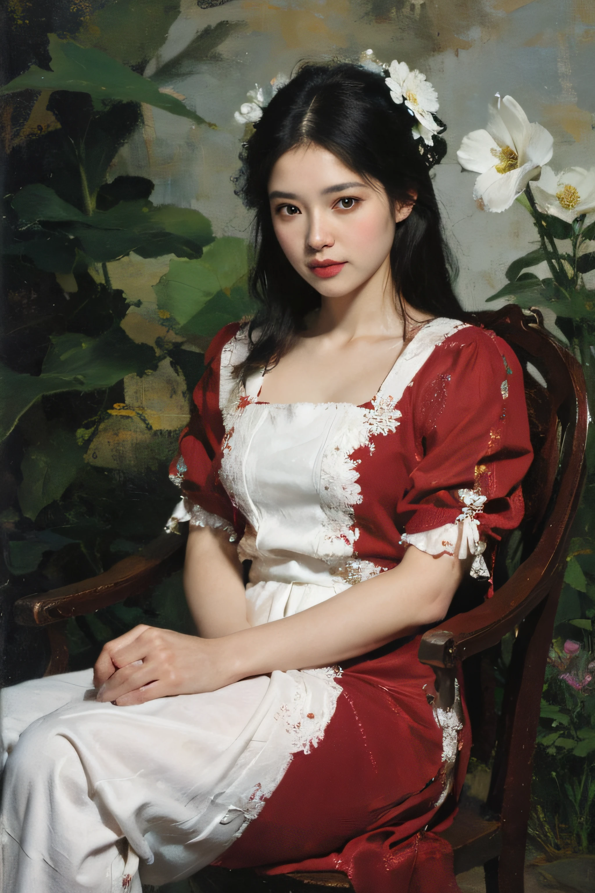 (Oil painting: 1.5),
\\
A woman with long black hair and white flowers in her hair sits in front of a Chinese landscape painting, red dress (Amy Saul: 0.248), (Stanley Ateg Liu: 0.106), (a detailed painting: 0.353), (Gothic art: 0.106)