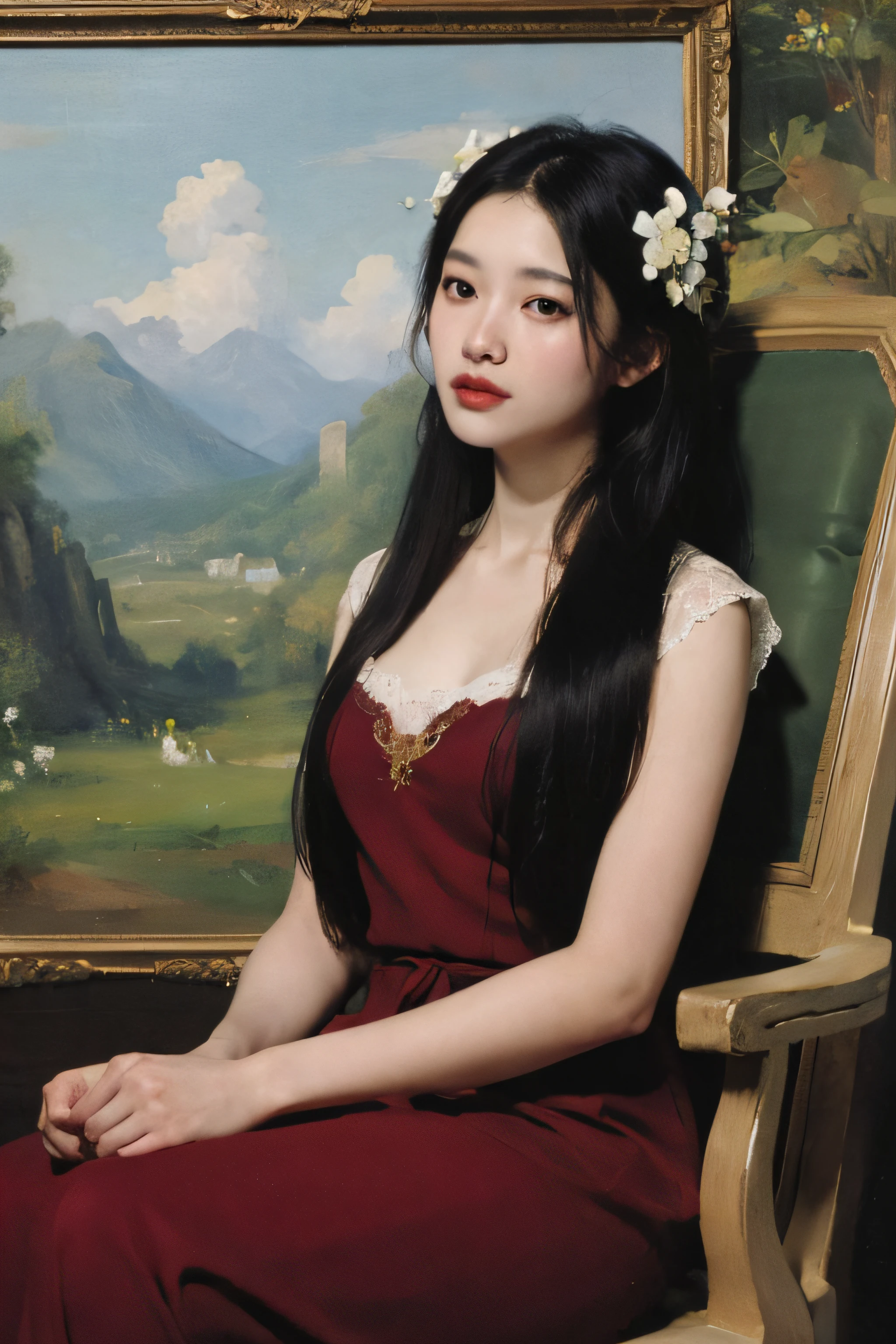 (Oil painting: 1.5),
\\
A woman with long black hair and white flowers in her hair sits in front of a Chinese landscape painting, red dress (Amy Saul: 0.248), (Stanley Ateg Liu: 0.106), (a detailed painting: 0.353), (Gothic art: 0.106)