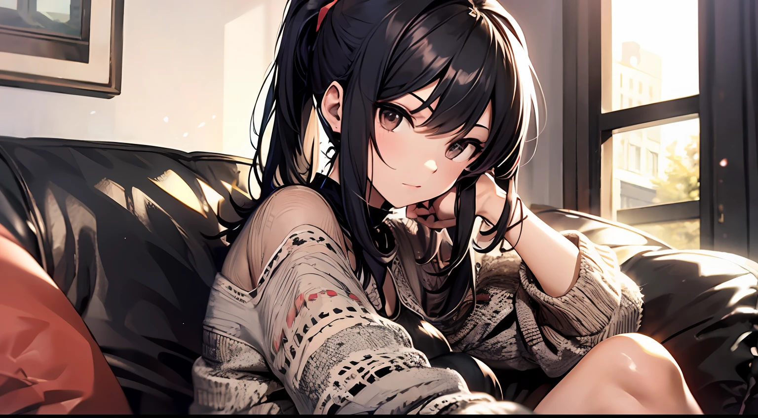 Masterpiece, best quality, girl, long black hair, ponytail, sitting on the sofa,