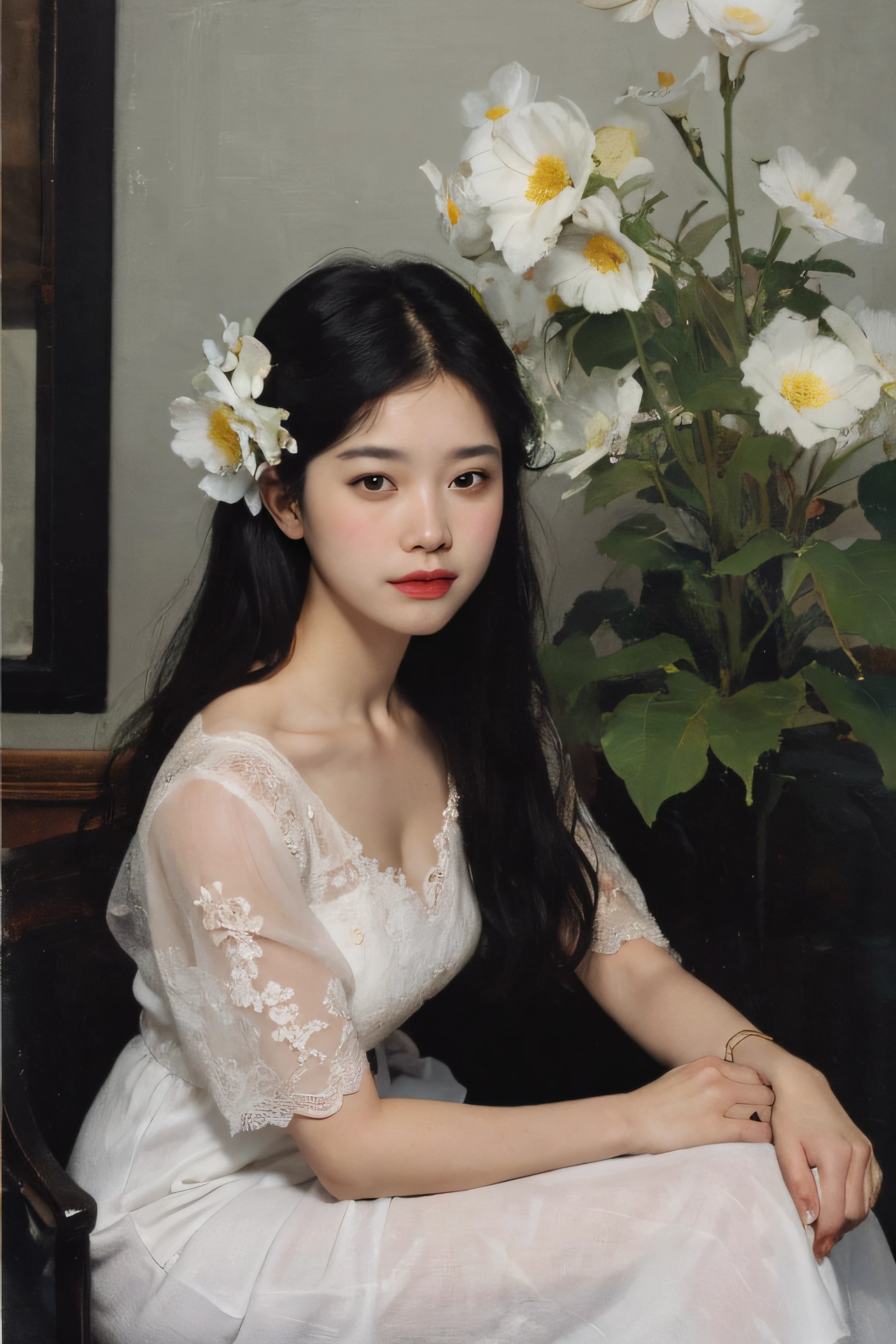 (Oil painting: 1.5),

\\

A woman with long black hair and white flowers in her hair sits in front of a Chinese landscape painting, orange dress (Amy Saul: 0.248), (Stanley Ateg Liu: 0.106), (a detailed painting: 0.353), (Gothic art: 0.106)