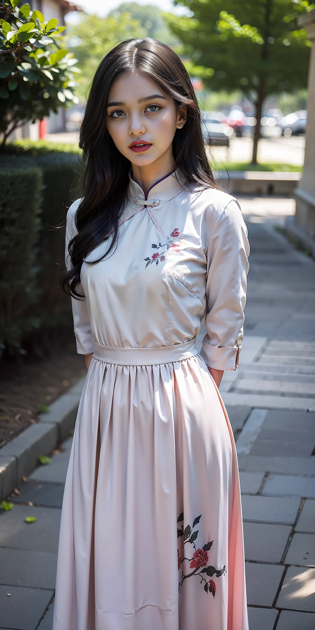 (purple printed china dress),1 girl, (arms behind back:1.1),(realistic:1.7),((best quality)),absurdres,(ultra high res),(photorealistic:1.6),photorealistic,octane render,(hyperrealistic:1.2), (photorealistic face:1.2), (8k), (4k), (Masterpiece),(realistic skin texture), (illustration, cinematic lighting,wallpaper),( beautiful eyes:1.2),((((perfect face)))),(cute),(standing),(black hair),long hair,black eyes, red lips, (outdoors),
