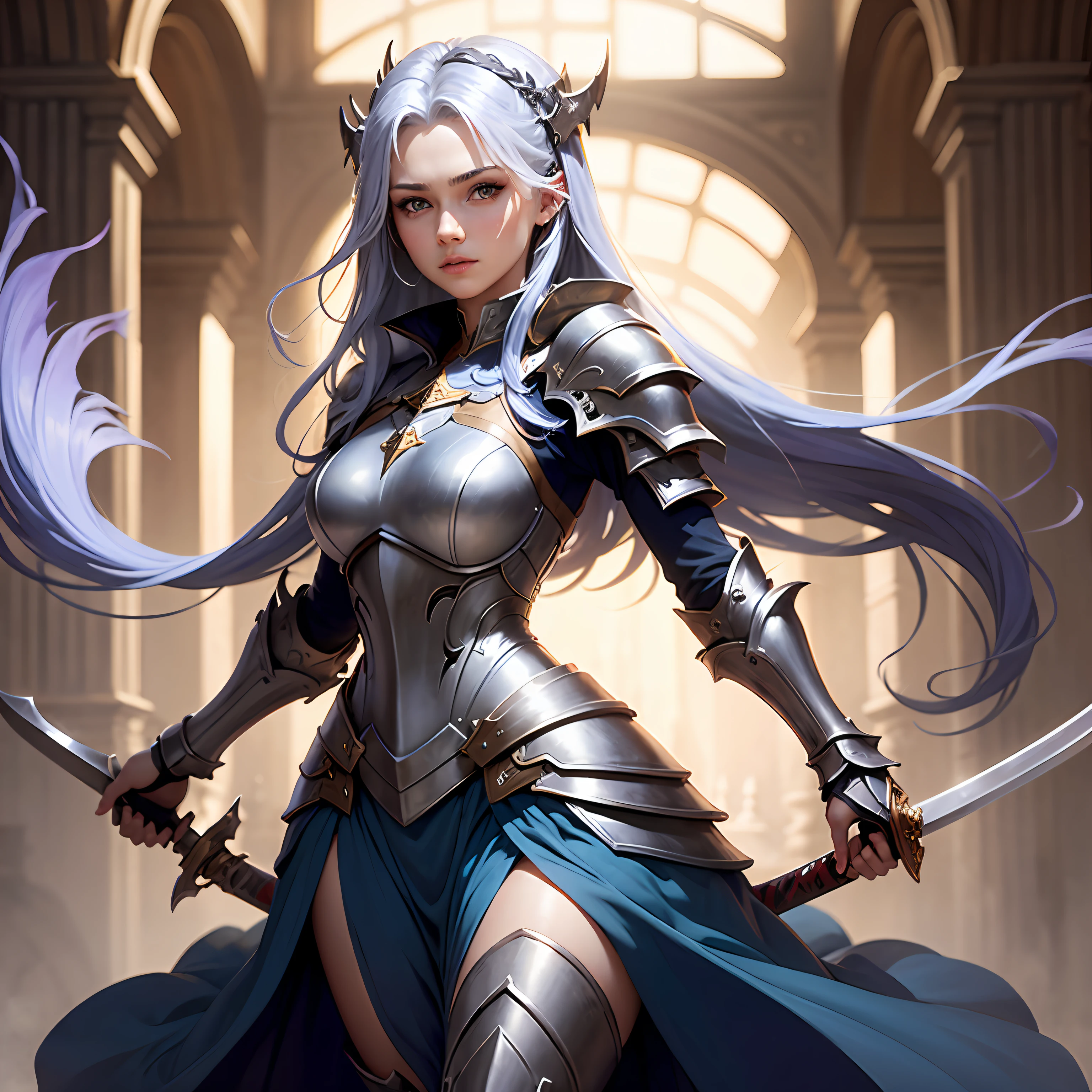 A female paladin wearing silver armor, long blue hair, and holding a long sword, with blue eyes and a long blue-purple dress --auto