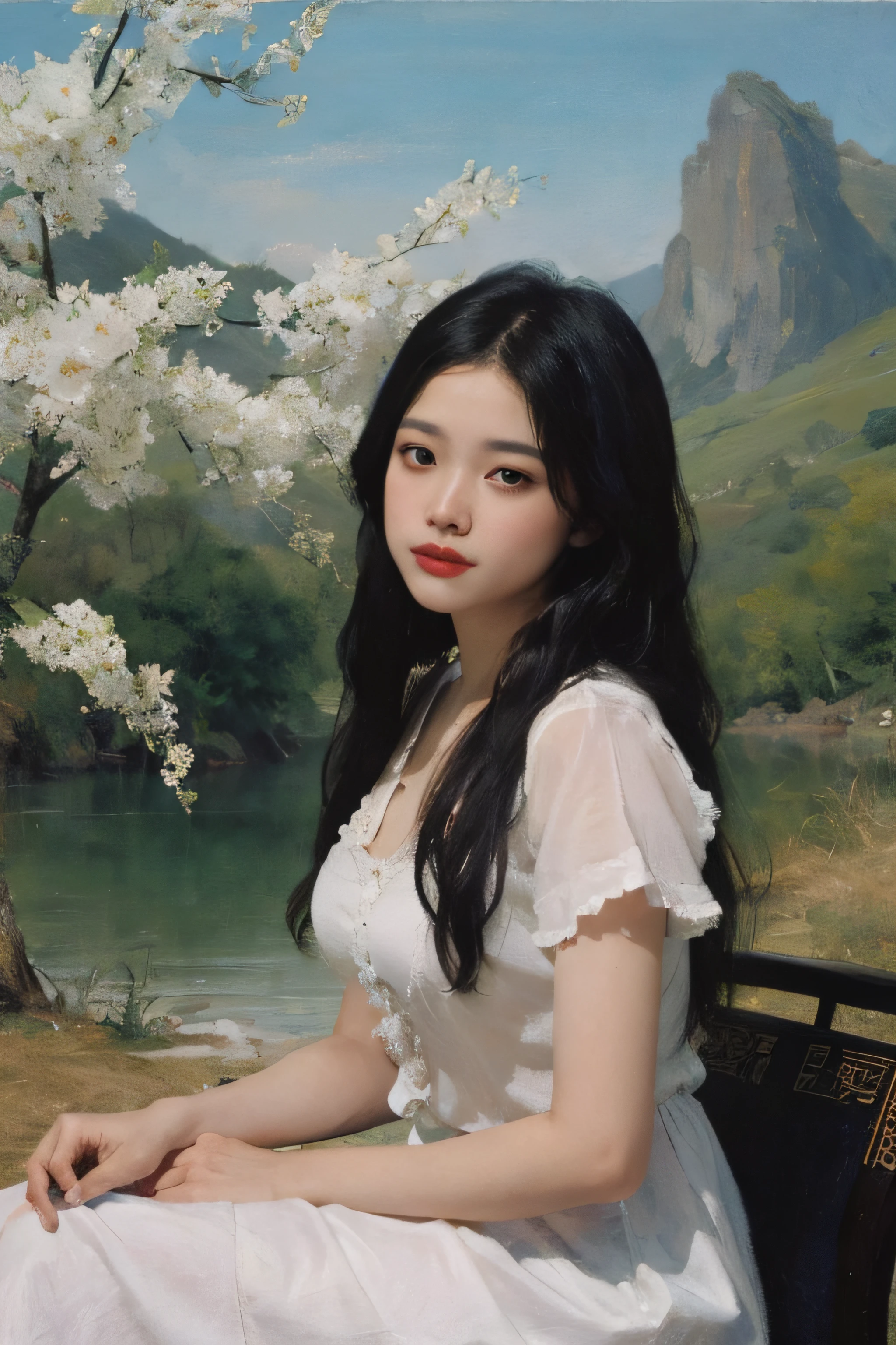 (Oil painting: 1.5),

\\

A woman with long black hair and white flowers in her hair sits in front of a Chinese landscape painting, orange dress (Amy Saul: 0.248), (Stanley Ateg Liu: 0.106), (a detailed painting: 0.353), (Gothic art: 0.106)