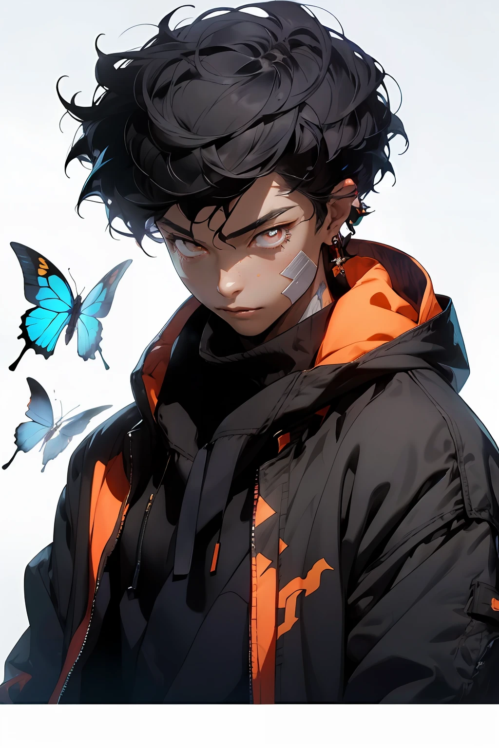 short-haired black male character with dreadlock, wearing dark blue hooded coat with blooming blue butterflies in the background on the character's clothing and face, holographic ghost background, deep dark shadows, cinematic lighting, realistic, (masterpiece, top quality, best quality, official art,), very detailed, more detailed, (1boy:1.3), black hair, (bright red eyes), mysterious, (street style),  handsome men, ((hip hop style)), gold ornaments, bandages, pharaohs