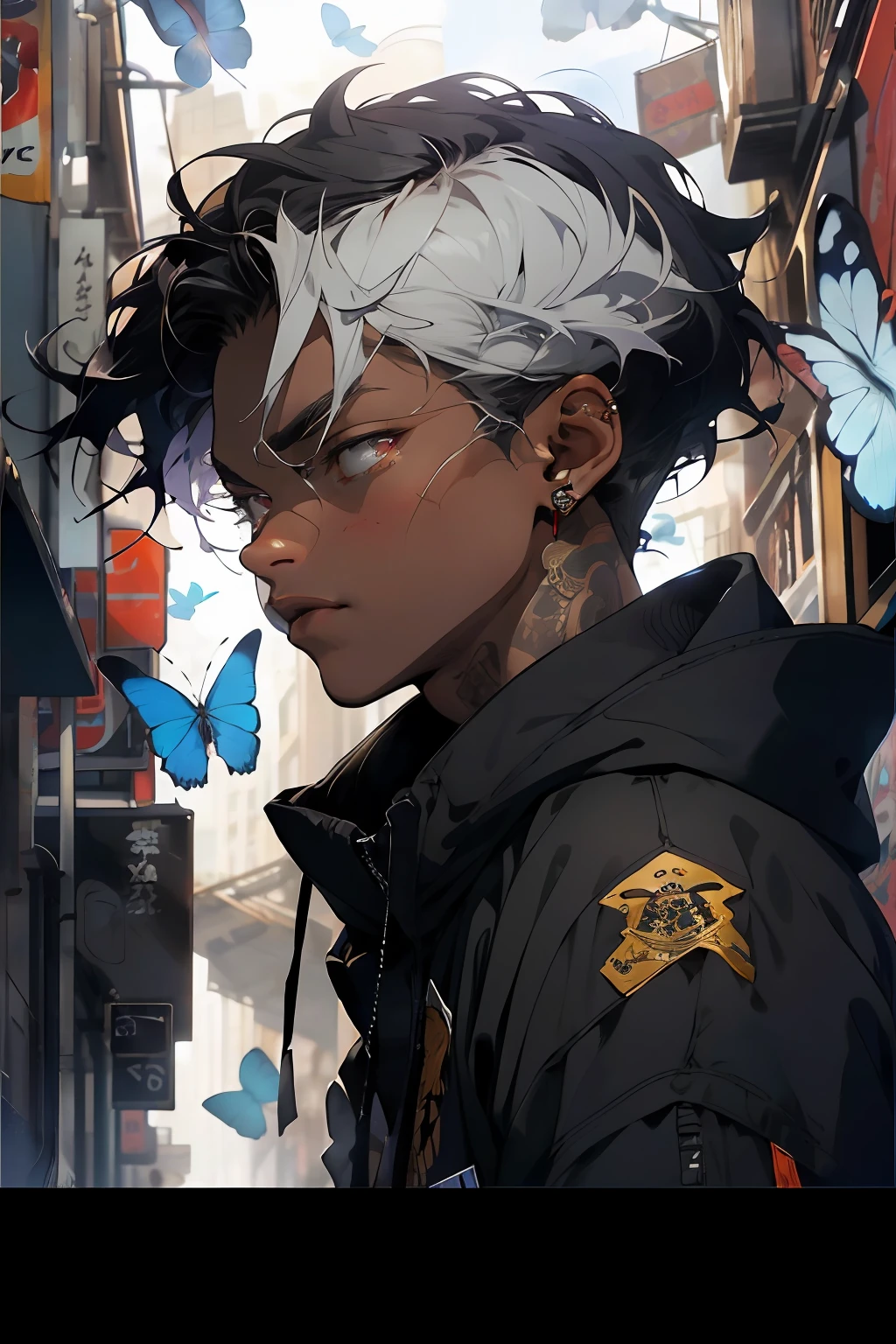 short-haired black male character with dreadlock, wearing dark blue hooded coat with blooming blue butterflies in the background on the character's clothing and face, holographic ghost background, deep dark shadows, cinematic lighting, realistic, (masterpiece, top quality, best quality, official art,), very detailed, more detailed, (1boy:1.3), black hair, (bright red eyes), mysterious, (street style), handsome men, ((hip hop style)), gold ornaments, bandages, pharaohs