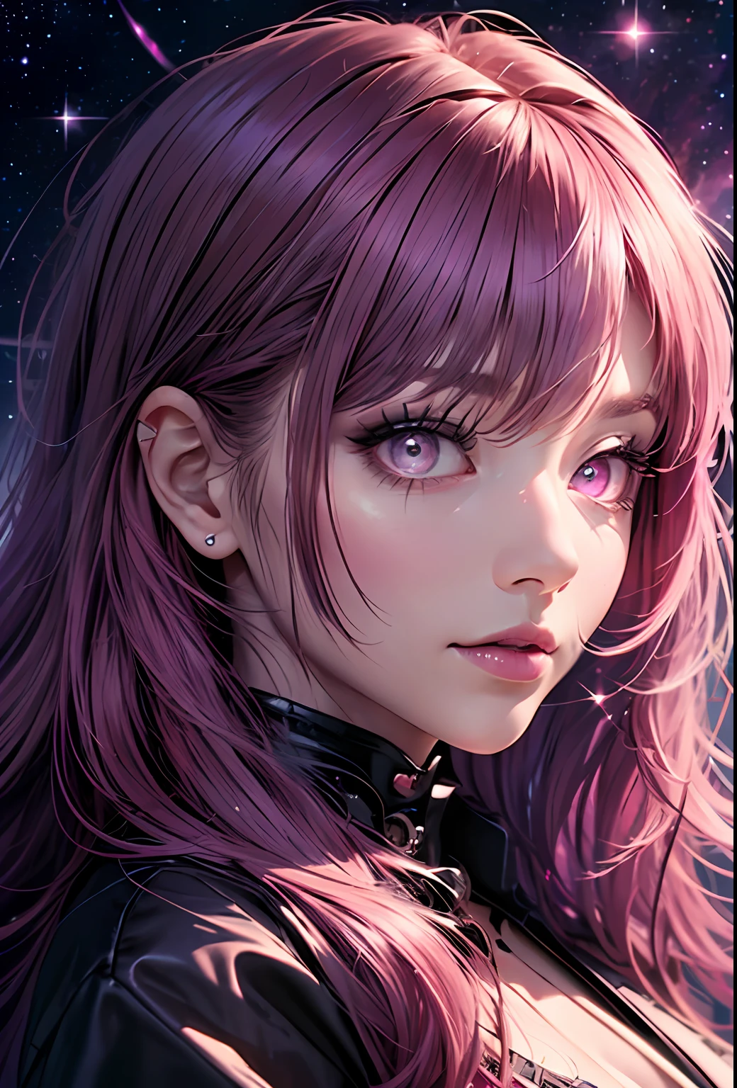 (dark magenta hair, long hair, straight hair, beautiful hair), (magenta eyes, starry eyes, beautiful eyes, eye highlights, sharp eyes)) ((1girl, (mature)), starry background