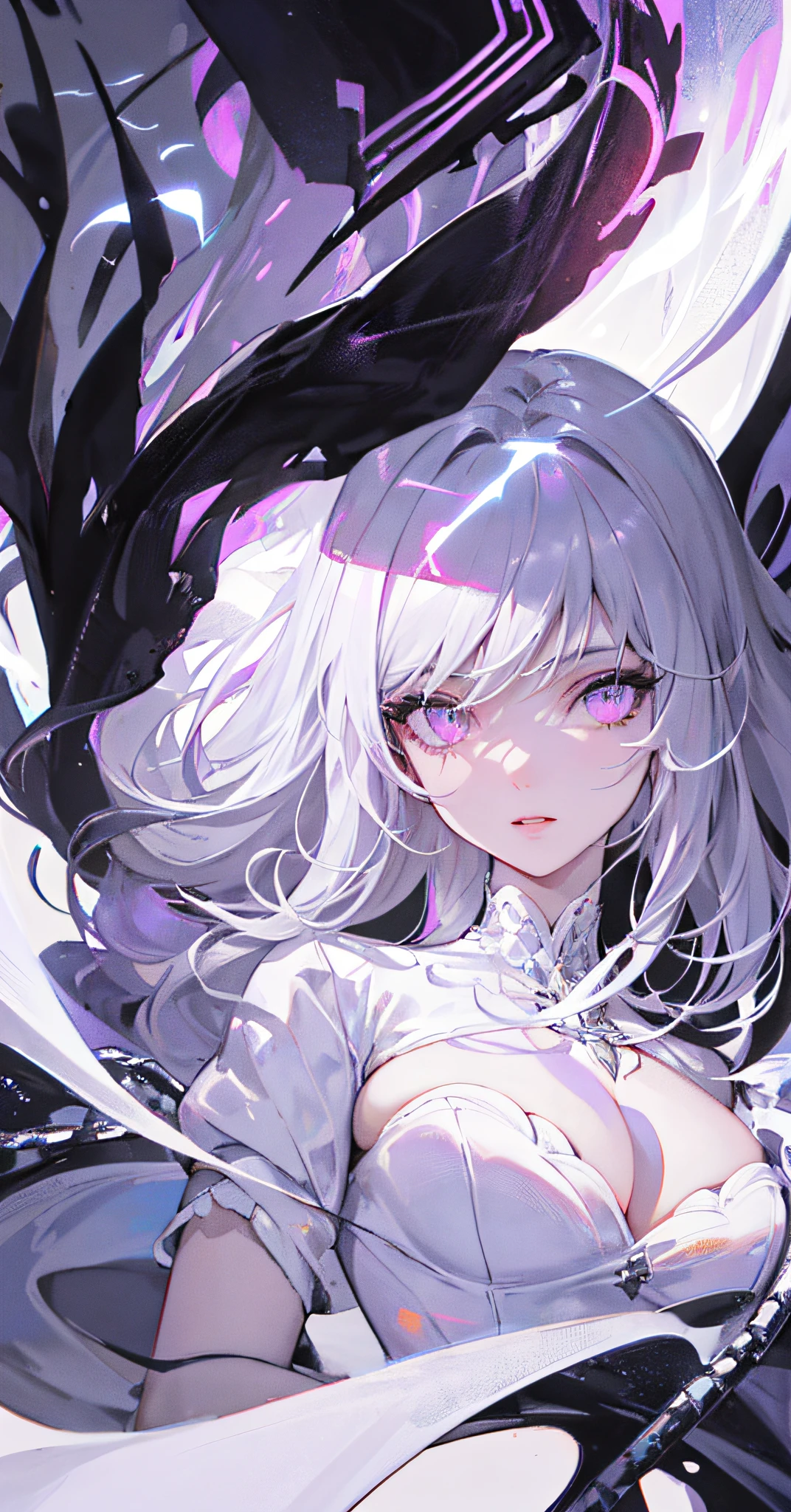 high resolution, highest quality, illustration, slender legs, high heels, cinematic light, super detailed, detailed face, (detailed eyes), best quality, super detailed, masterpiece, (detailed face), white hair, purple eyes, highest detail, glowing eyes, medium breath, black halo, white dress, (belly: 1.4), light, (high contrast), (color),