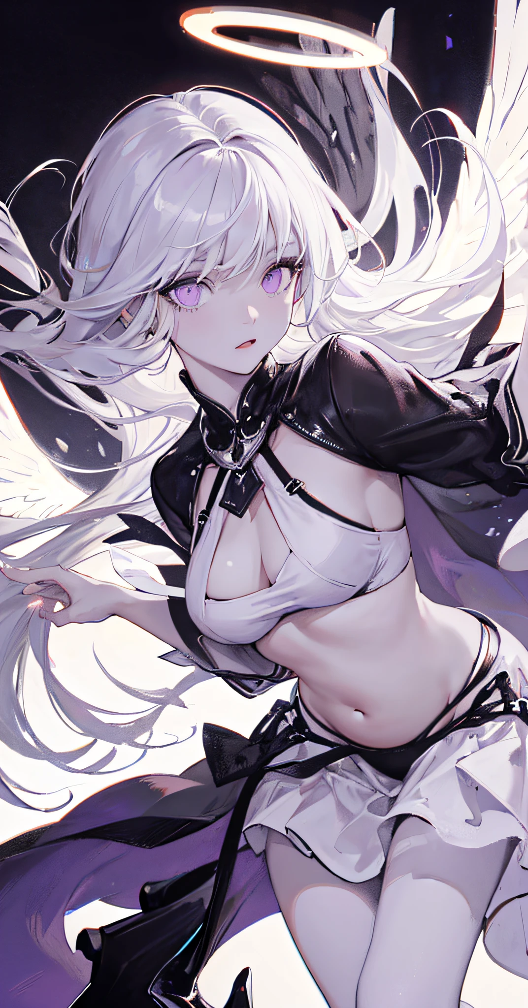 high resolution, highest quality, illustration, slender legs, high heels, cinematic light, super detailed, detailed face, (detailed eyes), best quality, super detailed, masterpiece, (detailed face), white hair, purple eyes, highest detail, glowing eyes, medium breath, black halo, white dress, (belly: 1.4), light, (high contrast), (color),