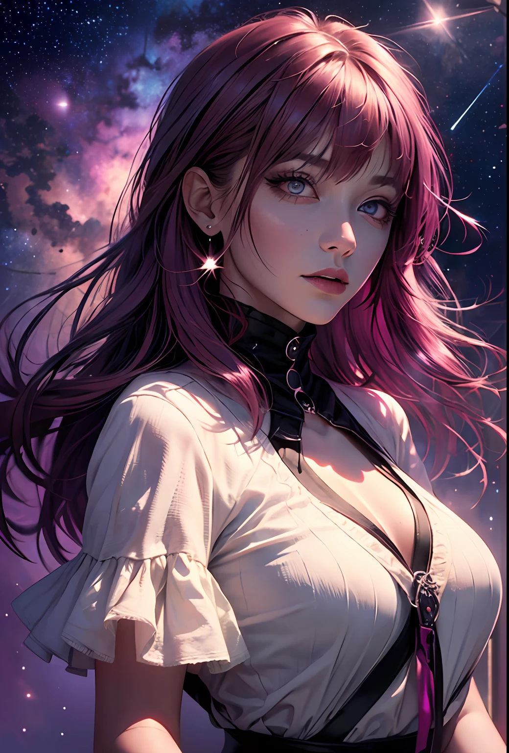 (dark magenta hair, long hair, straight hair, beautiful hair), (magenta eyes, starry eyes, beautiful eyes, eye highlights, sharp eyes)) ((1girl, (mature)), starry background