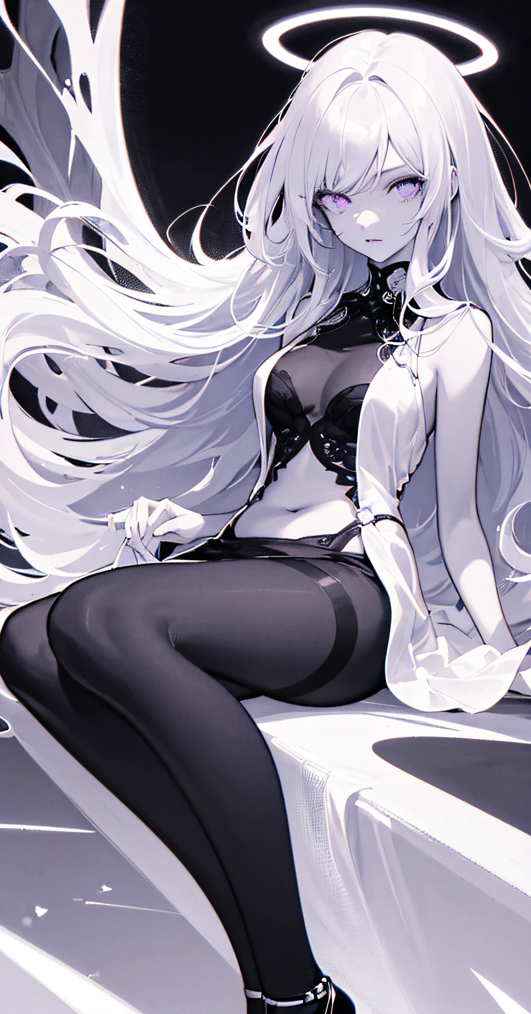 high resolution, highest quality, illustration, slender legs, high heels, cinematic light, super detailed, detailed face, (detailed eyes), best quality, super detailed, masterpiece, (detailed face), white hair, purple eyes, highest detail, glowing eyes, medium breath, black halo, white dress, (belly: 1.4), light, (high contrast), (color),