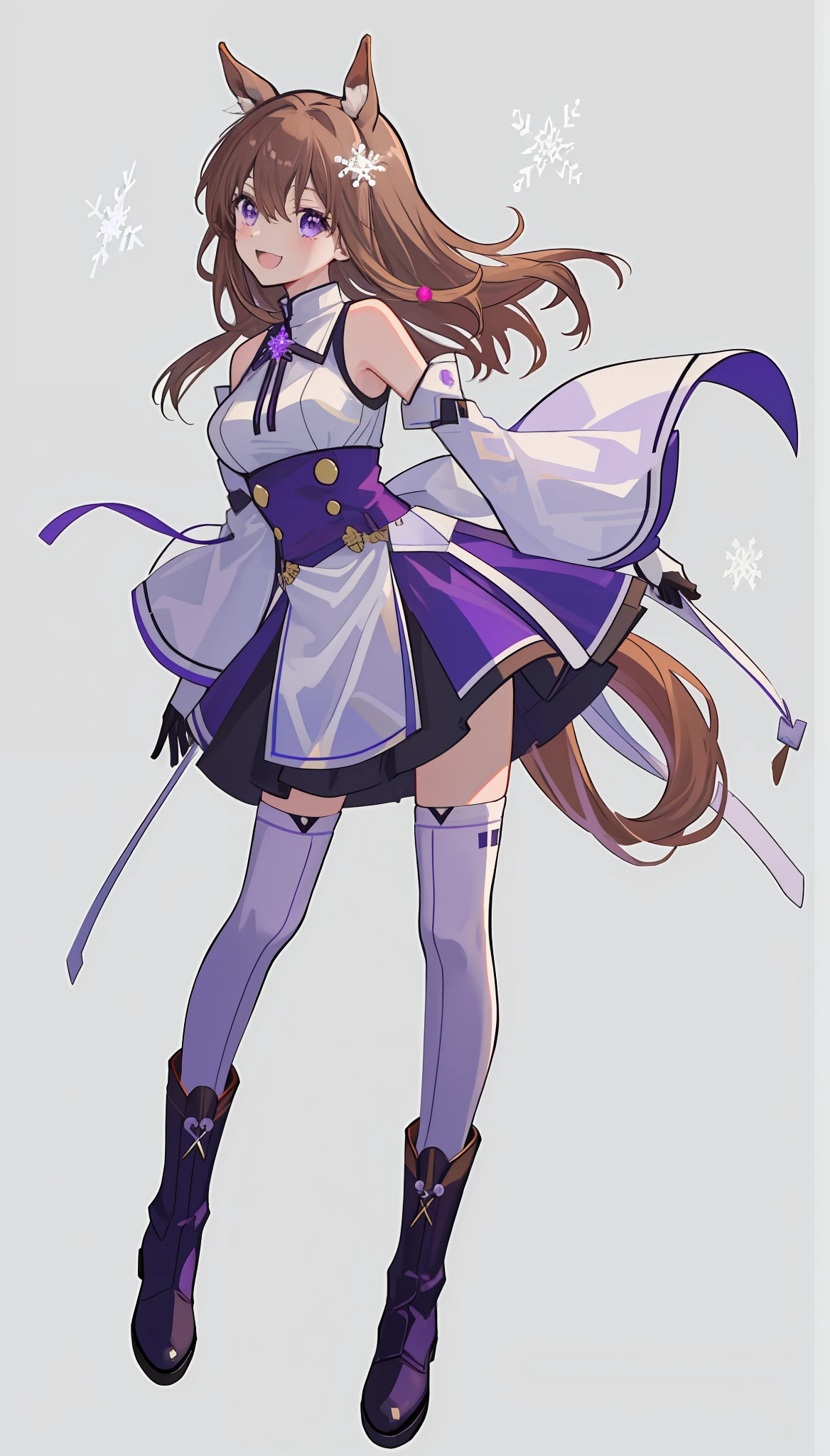 Masterpiece, high quality, (white background), (full_body), (from head to foot)), boots, medium_breasts, detached_sleeves, horse girl, horse ears, horse tail, light brown hair, cream hair, bangs between the eyes, purple eyes, gloves, laughing, cheek dyeing, snowflake, snowflake accessories, purple and light purple and red