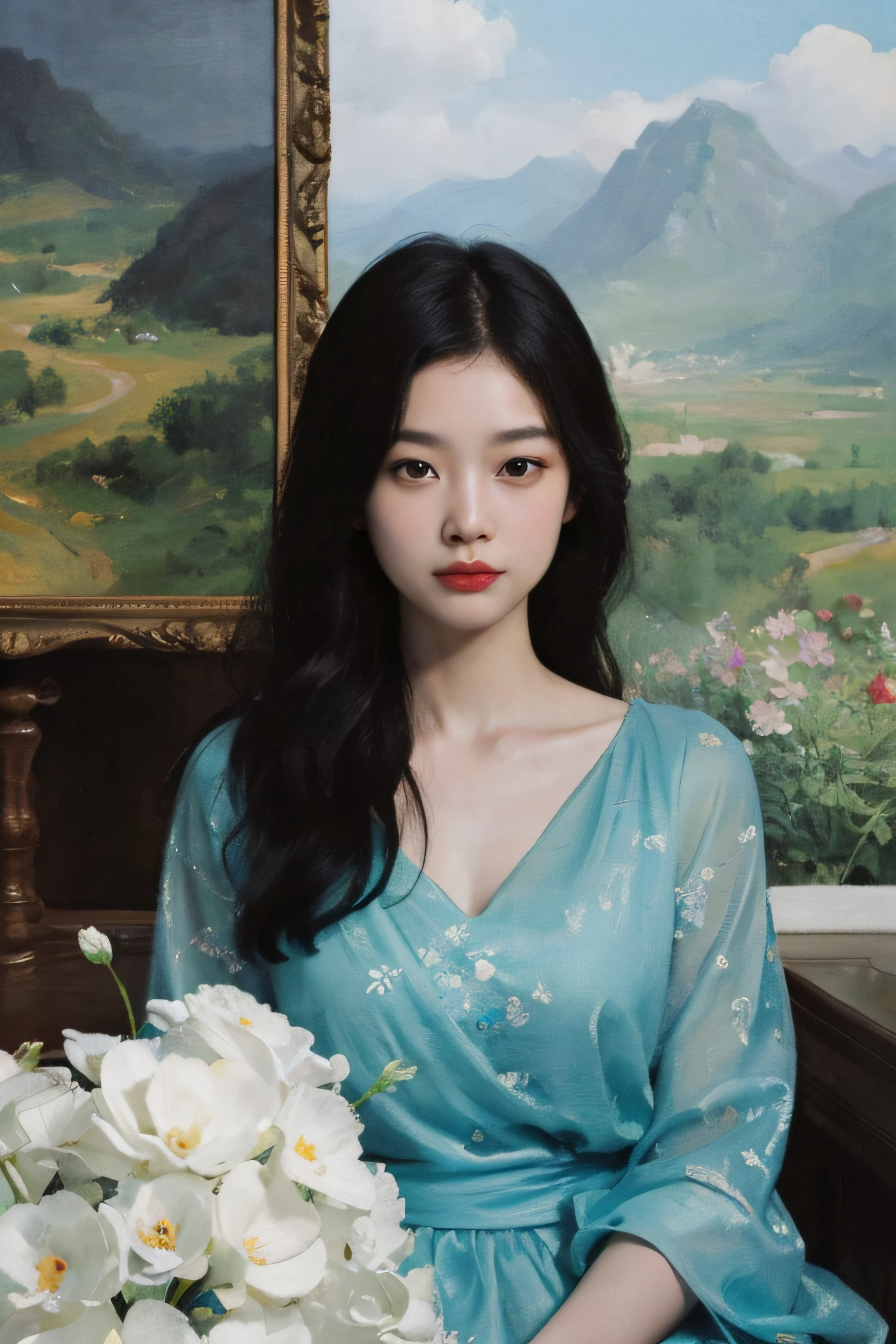 (Oil painting: 1.5),

\\

A woman with long black hair and white flowers in her hair sits in front of a Chinese landscape painting, cyan dress (Amy Saul: 0.248), (Stanley Ateg Liu: 0.106), (a detailed painting: 0.353), (Gothic art: 0.106)