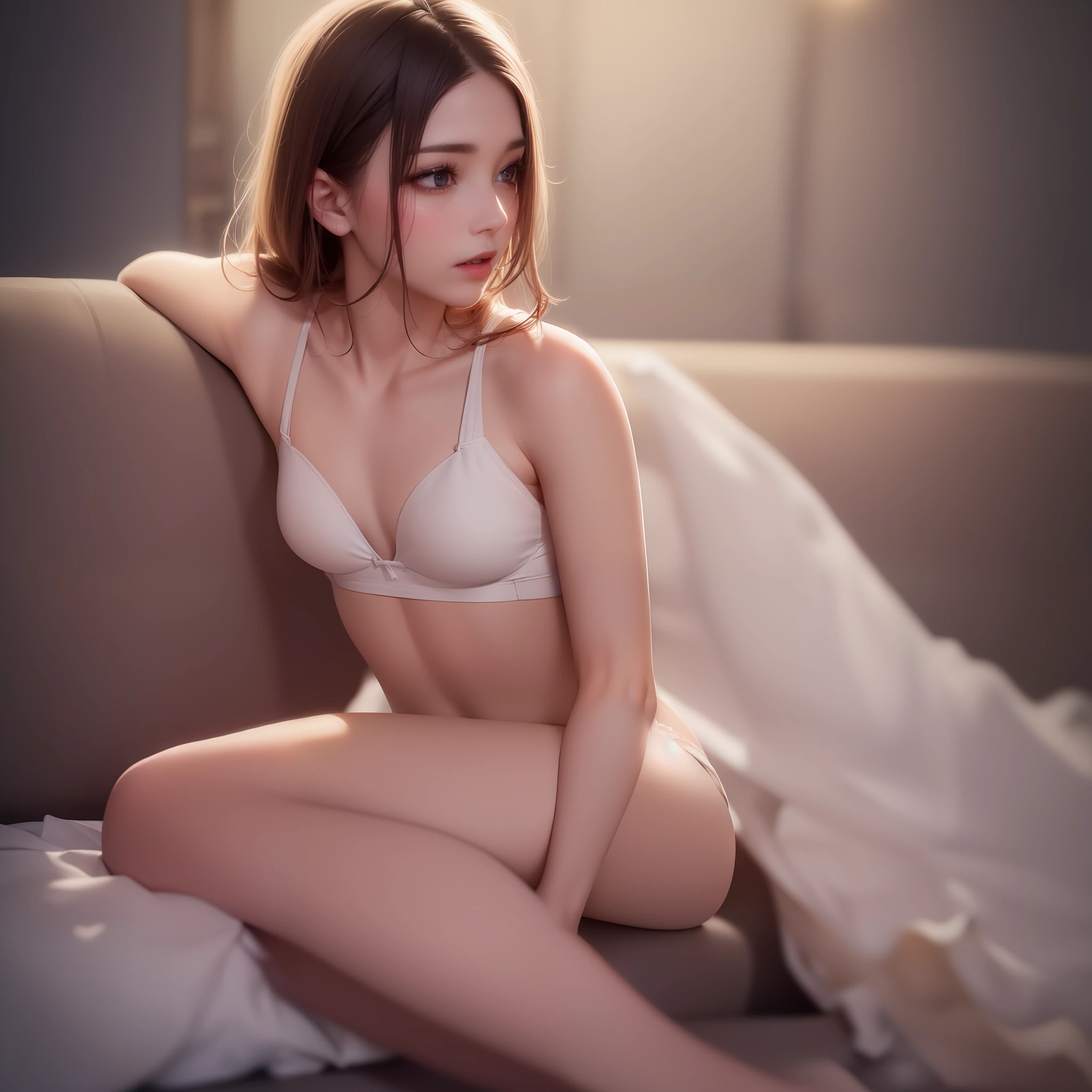 ((Cinematic Light, Best Quality, 8K, Masterpiece :1.3)), 1girl, Beautiful woman with slender abs :1.4, ( Small breasts :1.3), White fine panties, White bra :1.2, No shoulder straps, Seductive open lips, sofa, Ultra detailed face, Detailed eyes, Double eyelids, Full body
