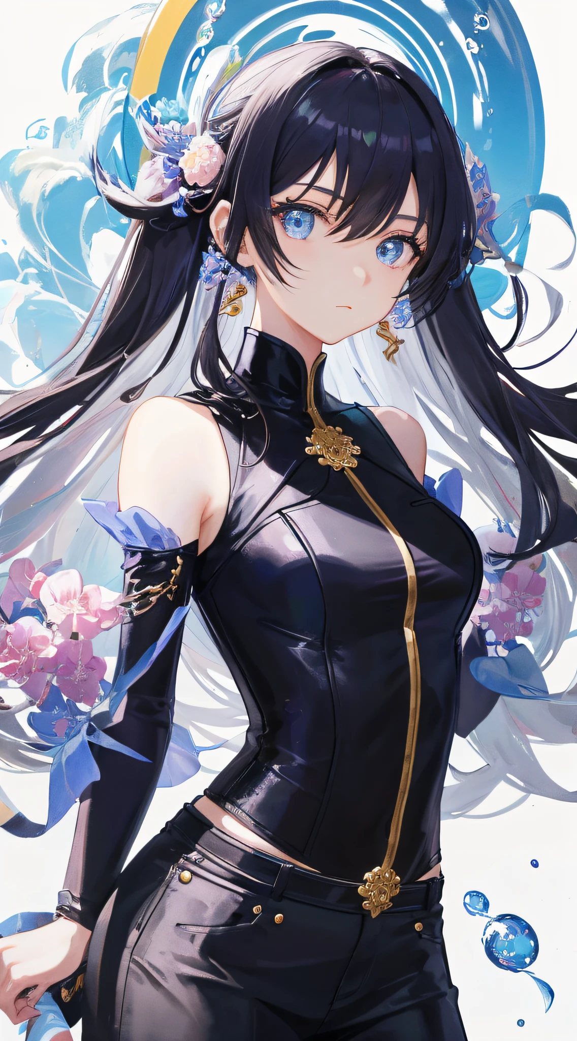 (masterpiece), (best quality), (ultra detailed),(乱发),(illustration), (1girl), (Fashionable clothing), standing,Fashion model, looking at viewer, (interview), (simple background),美丽细致的眼睛，精致美颜，漂浮，(高富和度)，(colorful splashs)，colorful bubble，(shining)，focus on face，