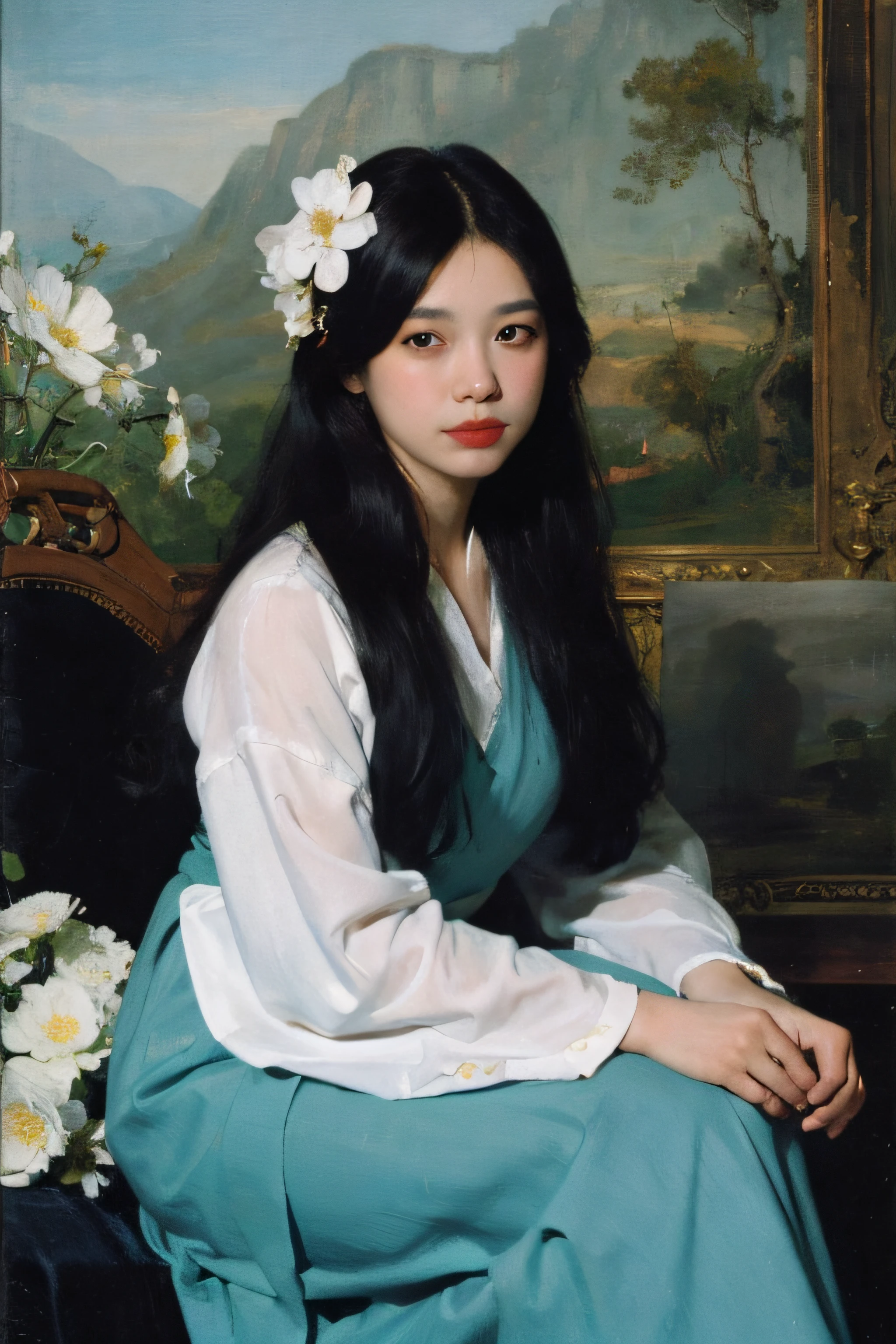 (Oil painting: 1.5),
\\
A woman with long black hair and white flowers in her hair sits in front of a Chinese landscape painting, cyan dress (Amy Saul: 0.248), (Stanley Ateg Liu: 0.106), (a detailed painting: 0.353), (Gothic art: 0.106)