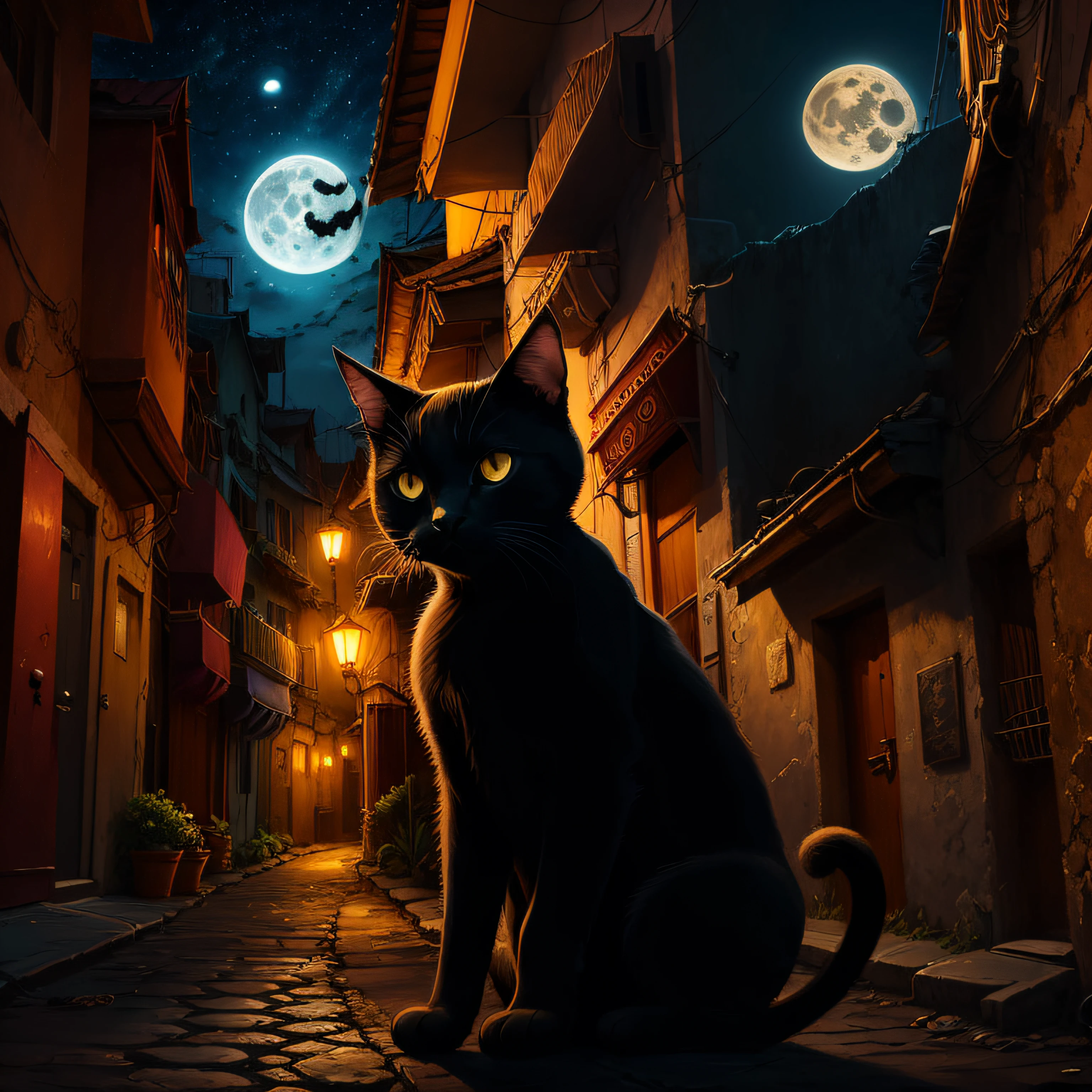 Black Cat, Orange, Cute, Big Eyes, Masterpiece, Full Moon, Alley --auto