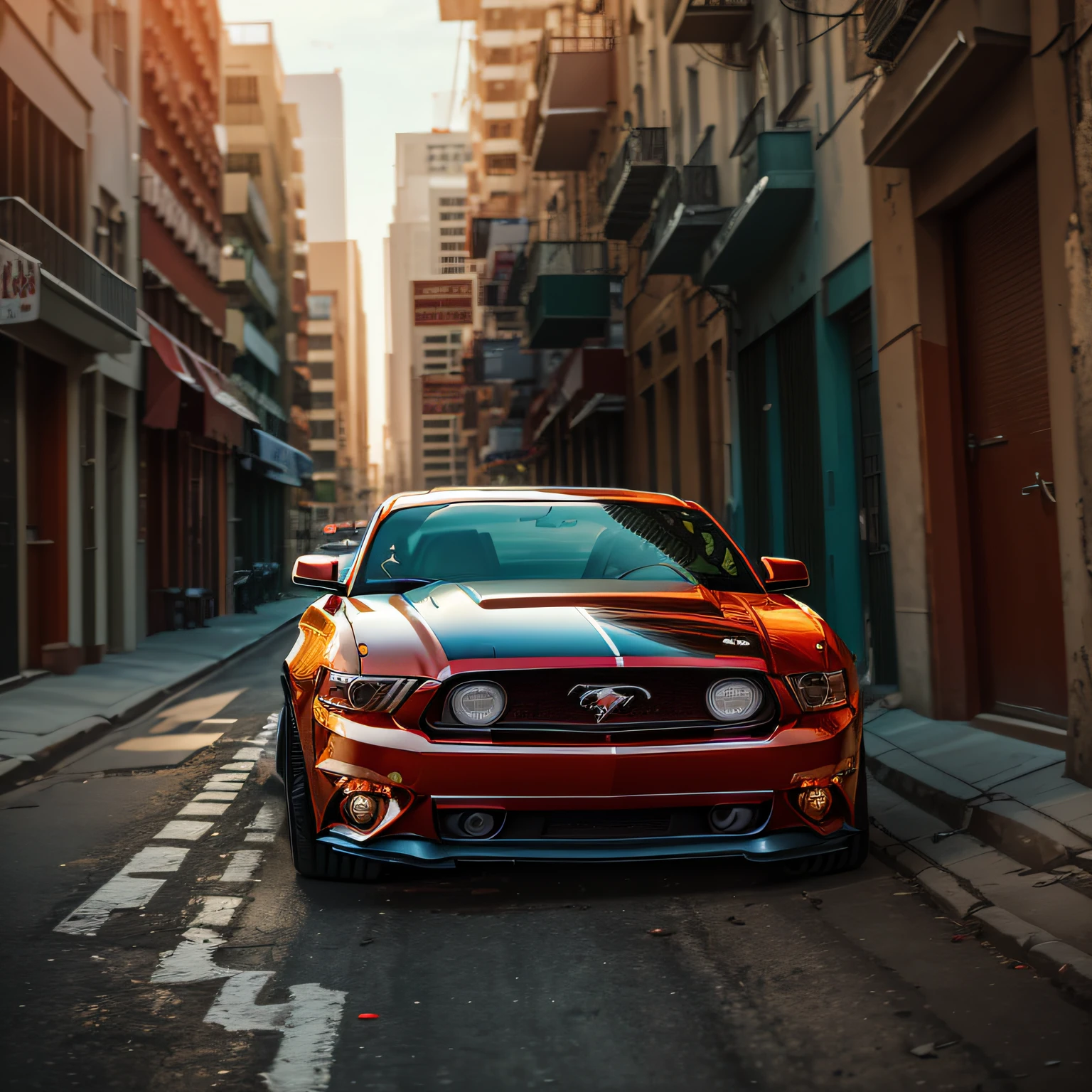 a film still of close up shot of a red mustang parked on a city street in the style of fast and furious, cinematic, sharp focus –ar 21:10 --auto