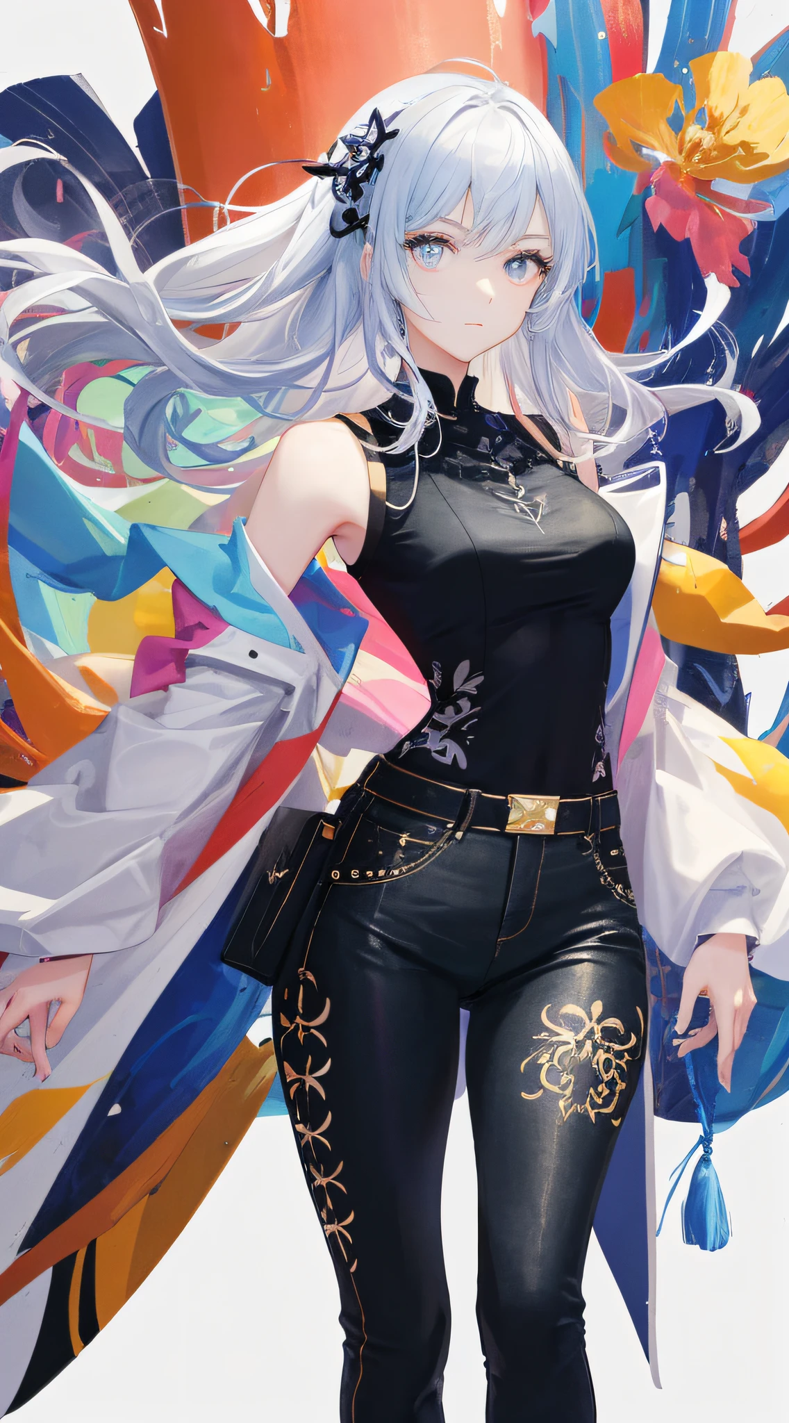 (masterpiece), (best quality), (ultra detailed),(乱发),(illustration), (1girl), (Fashionable clothing), standing,Fashion model, looking at viewer, (interview), (simple background),美丽细致的眼睛,精致美颜,漂浮,(高富和度),(colorful splashs),colorful bubble,(shining),focus on face,