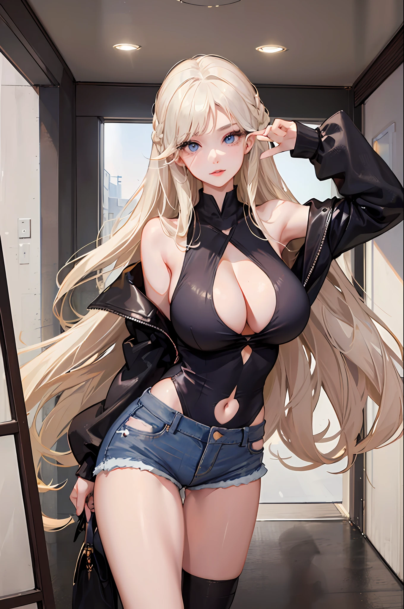 1girl, nsfw, masterpiece, best quality, slender girl with hourglass body and massive breasts, solo, pretty, cute, shy girl, ((girl wears jeans shorts, off-shoulders blouse, loose blouse)), cleavage, sexy, girl shows enticing breasts, enticing thighs, ((platinum blond hair, long hair)), indigo eyes, detailed eyes, beautiful eyes, delicate eyes, ((hourglass body, sexy body)), correct anatomy, correct limbs, ((massive breasts, large breasts)), juicy lips, pouty lips, [detailed background (korean school, korean high school, Seoul, south korea)]