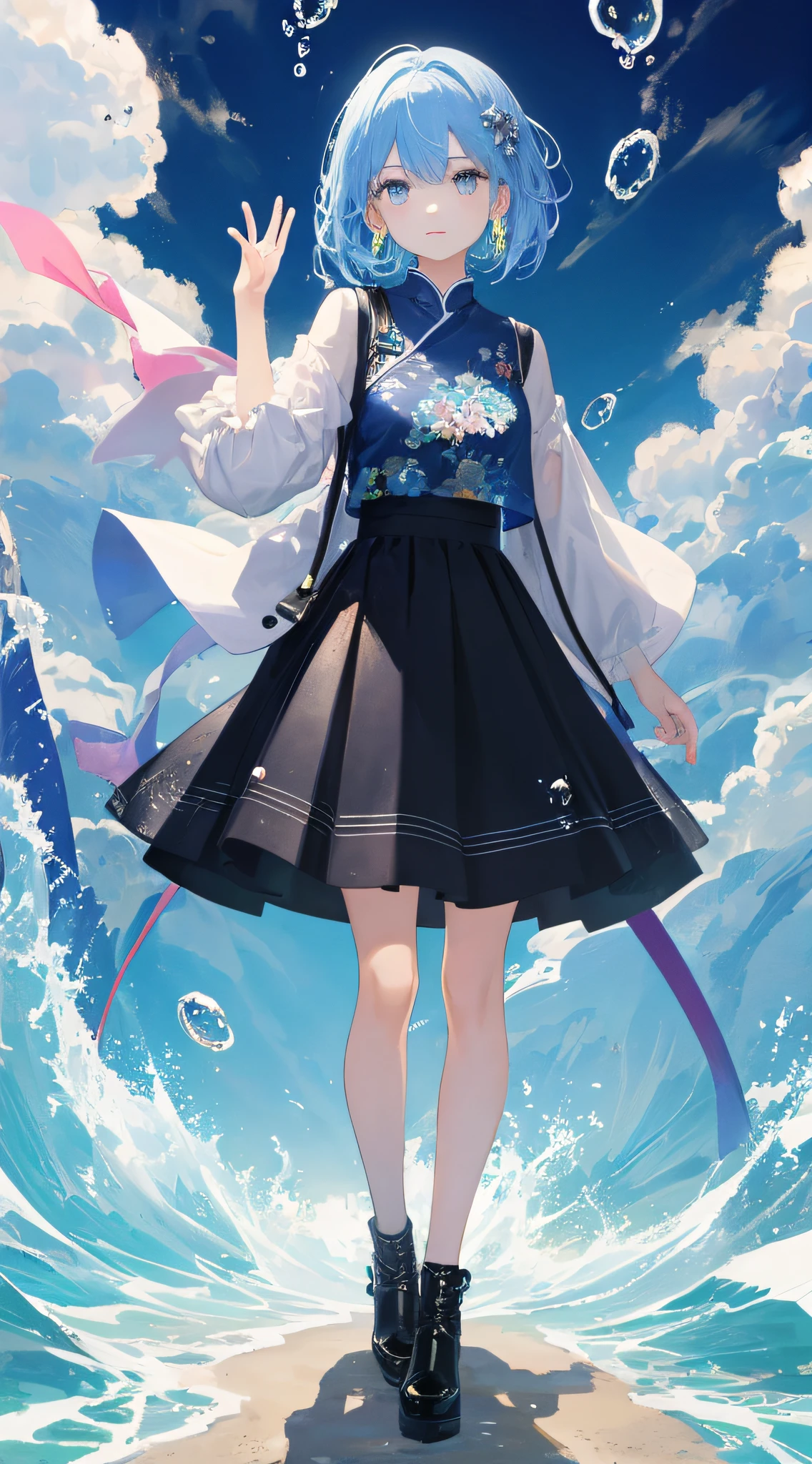 (masterpiece), (best quality), (ultra detailed),(乱发),(illustration), (1girl), (Fashionable clothing), standing,Fashion model, looking at viewer, (interview), (simple background),美丽细致的眼睛,精致美颜,漂浮,(高富和度),(colorful splashs),colorful bubble,(shining),focus on face,