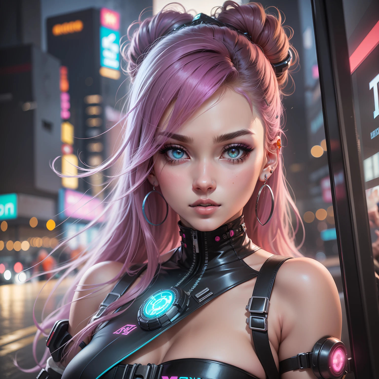 mulher jovem, roupas cyberpunk sexy, cidade futurista cyberpunk, noite chuvosa., tri tails, hair bell, gradient eyes, earrings, makeup, isometric, outside border, fake scrollbar, Futurism, anime style, ray tracing, reflection light, motion blur, masterpiece, super detail, anatomically correct, high details