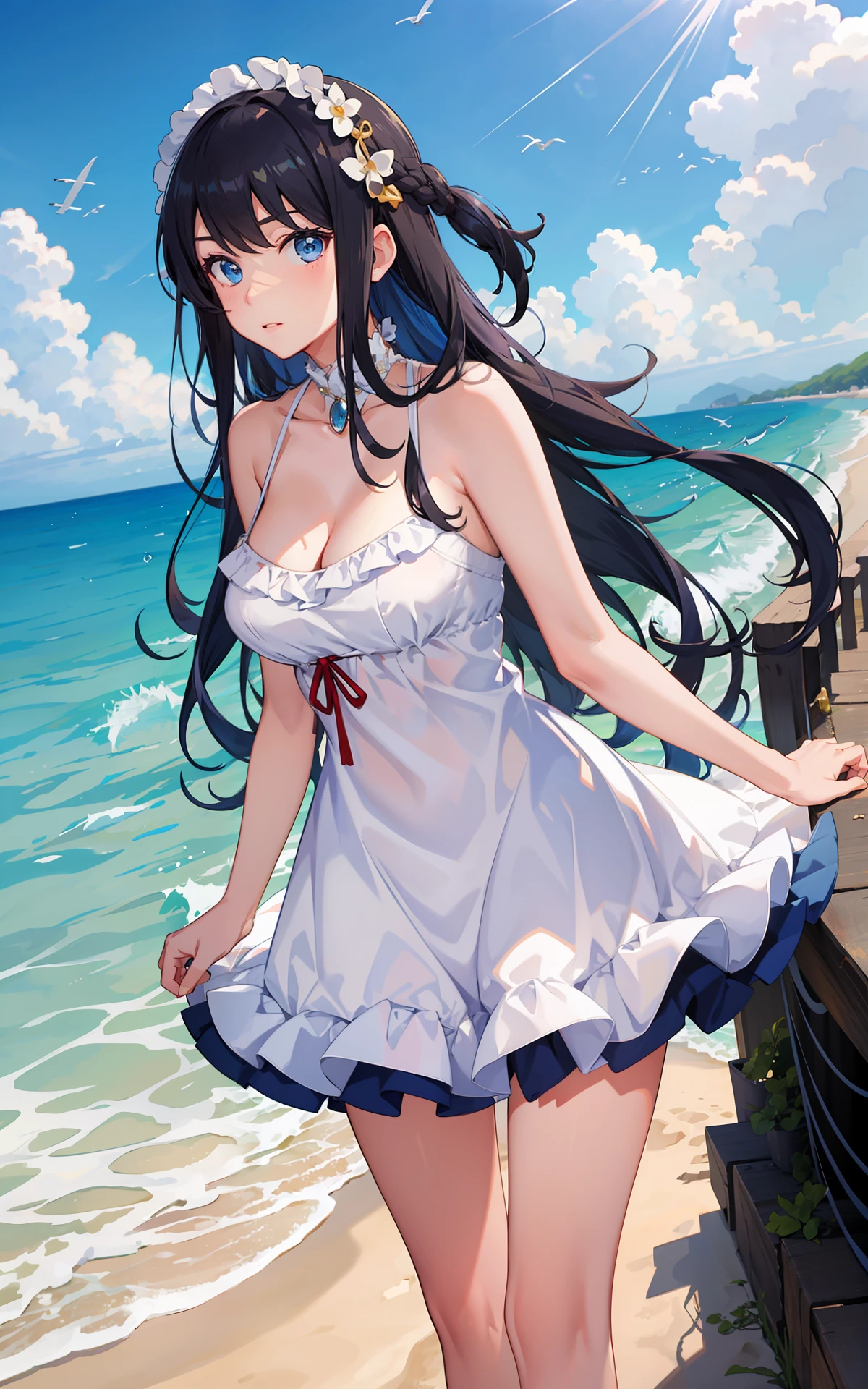 masterpiece, best quality, 1girl, beach, blue eyes, blue hair,  dress, ikamusume, long hair, tentacle hair,