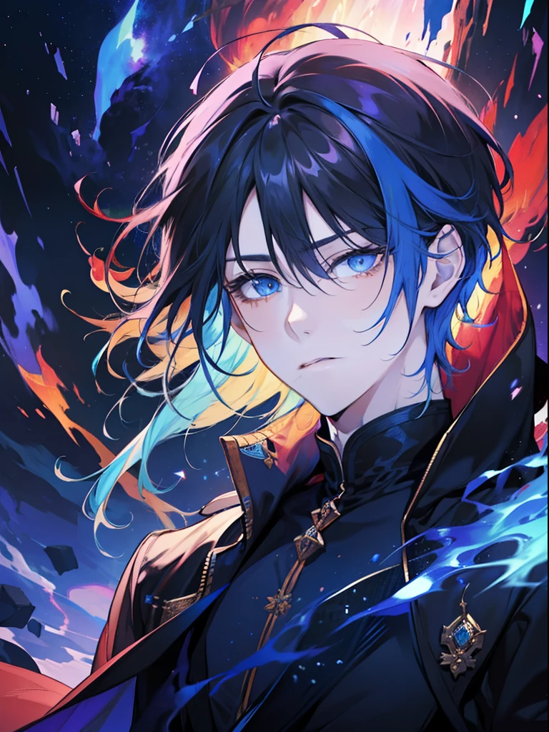 A boy, handsome, fair-skinned, resolute eyes, flowing long black hair, blue eyes, powerful, black dress, ancient style, streamer surrounding, 8k, thunder, flame, colorful light, starry sky, cracked, milky way, whole body