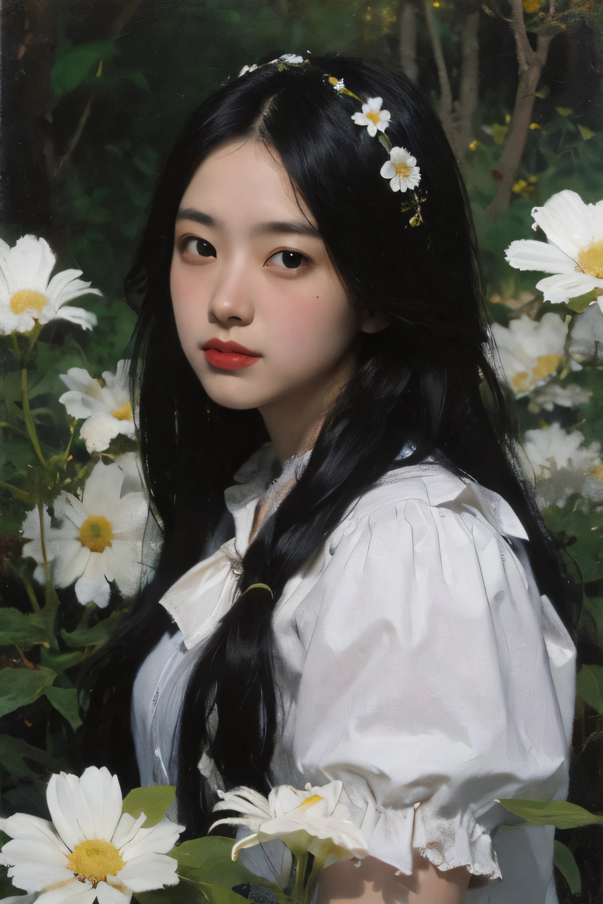 (Oil painting: 1.5),
\\
A woman with long black hair and white flowers in her hair in a field of white flowers, (Amy Saul: 0.248), (Stanley Atger Liu: 0.106), (a detailed painting: 0.353), (Gothic art: 0.106)