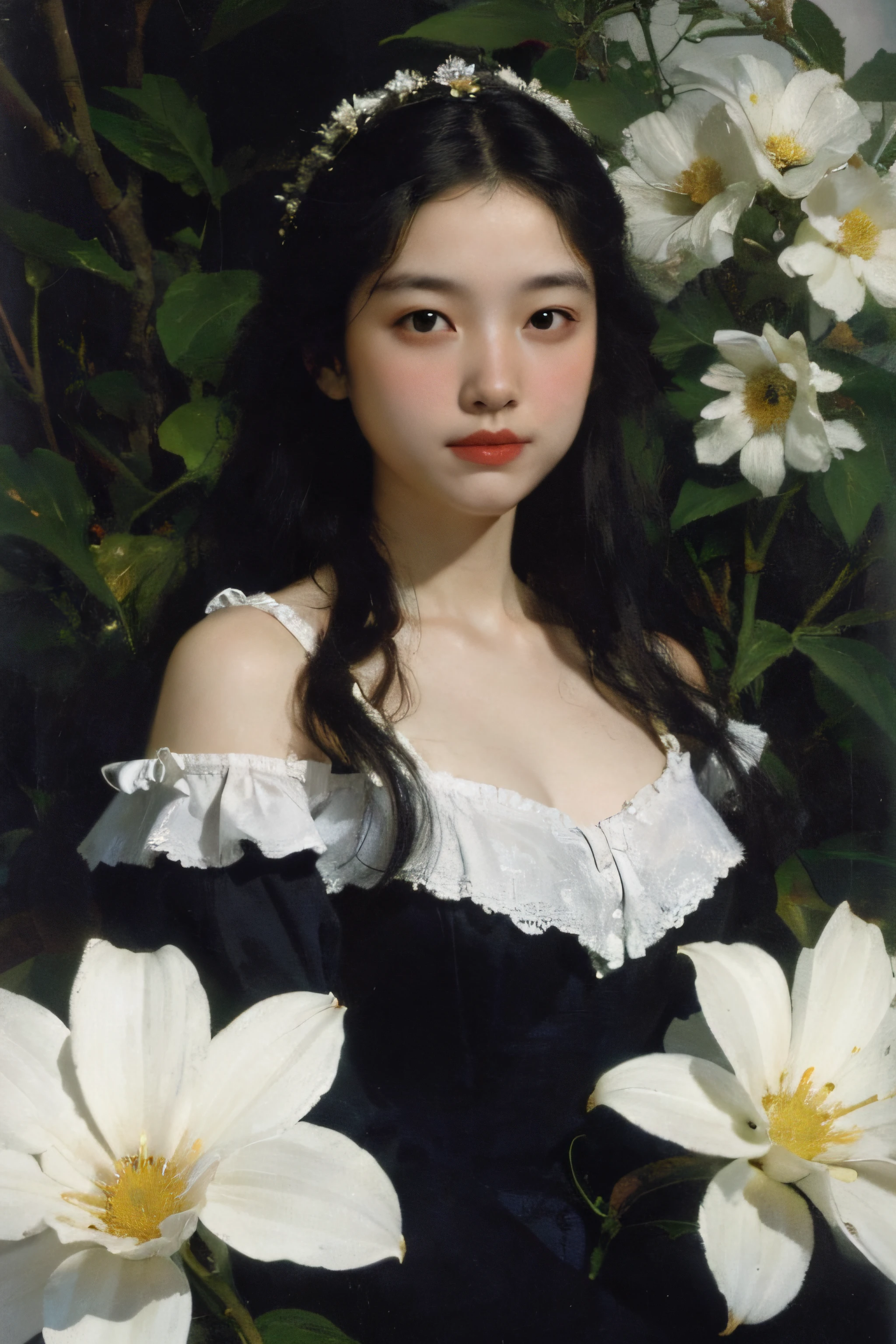 (Oil painting: 1.5),
\\
A woman with long black hair and white flowers in her hair in a field of white flowers, (Amy Saul: 0.248), (Stanley Atger Liu: 0.106), (a detailed painting: 0.353), (Gothic art: 0.106)