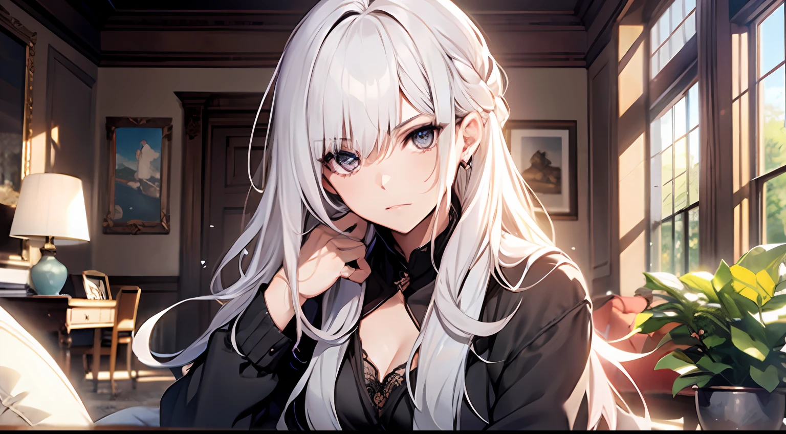 Masterpiece, of the best quality, a woman with long white hair and a firm expression, in the living room