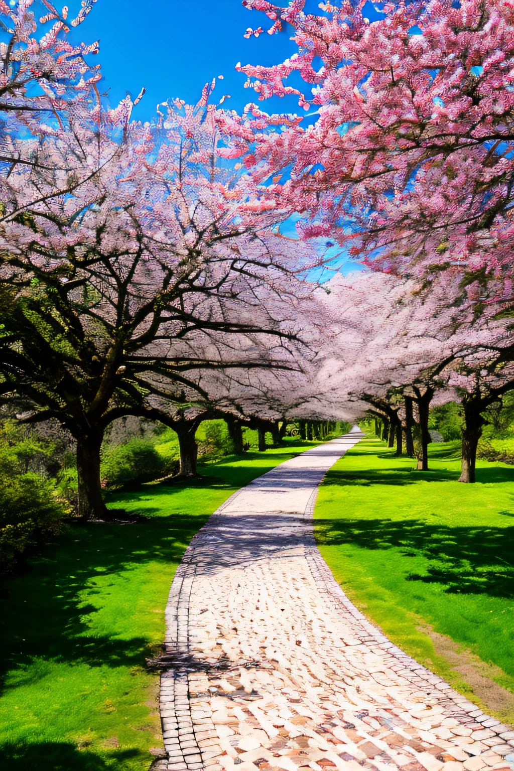 masterpiece, best quality, high quality, red brick road, in the middle of a forest of elms and almond blossoms.