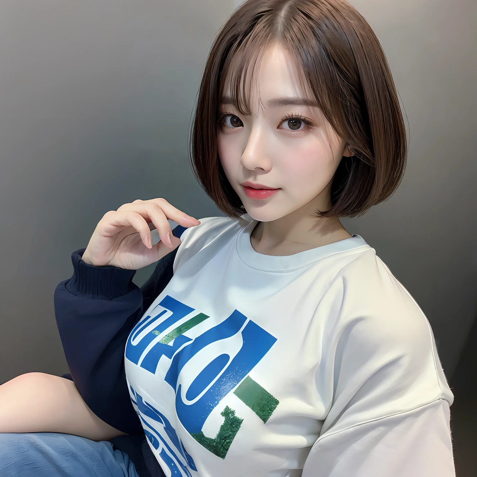 (Max Quality、8k、32k、MasterPiece、UHD:1.2)、Photo of a cute Japanese woman、large breasted、very short bob hair、upper body、sface focus、oversized_sweater、simple Backgrounds、from ABOVE、looking at the viewers、Long sleeve printed T-shirt --auto